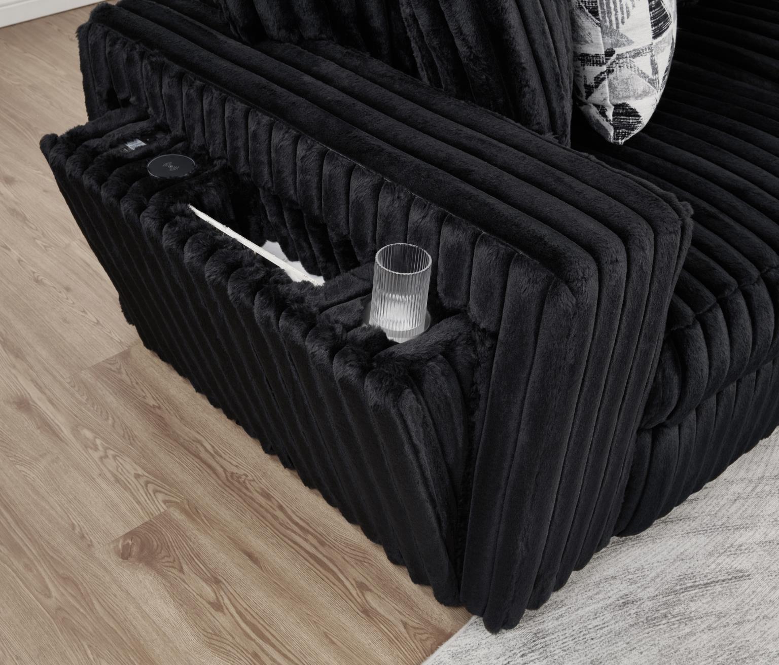 U259 - Corduroy Power Reclining 4 Piece Sectional With 2 Wireless Charger - Black