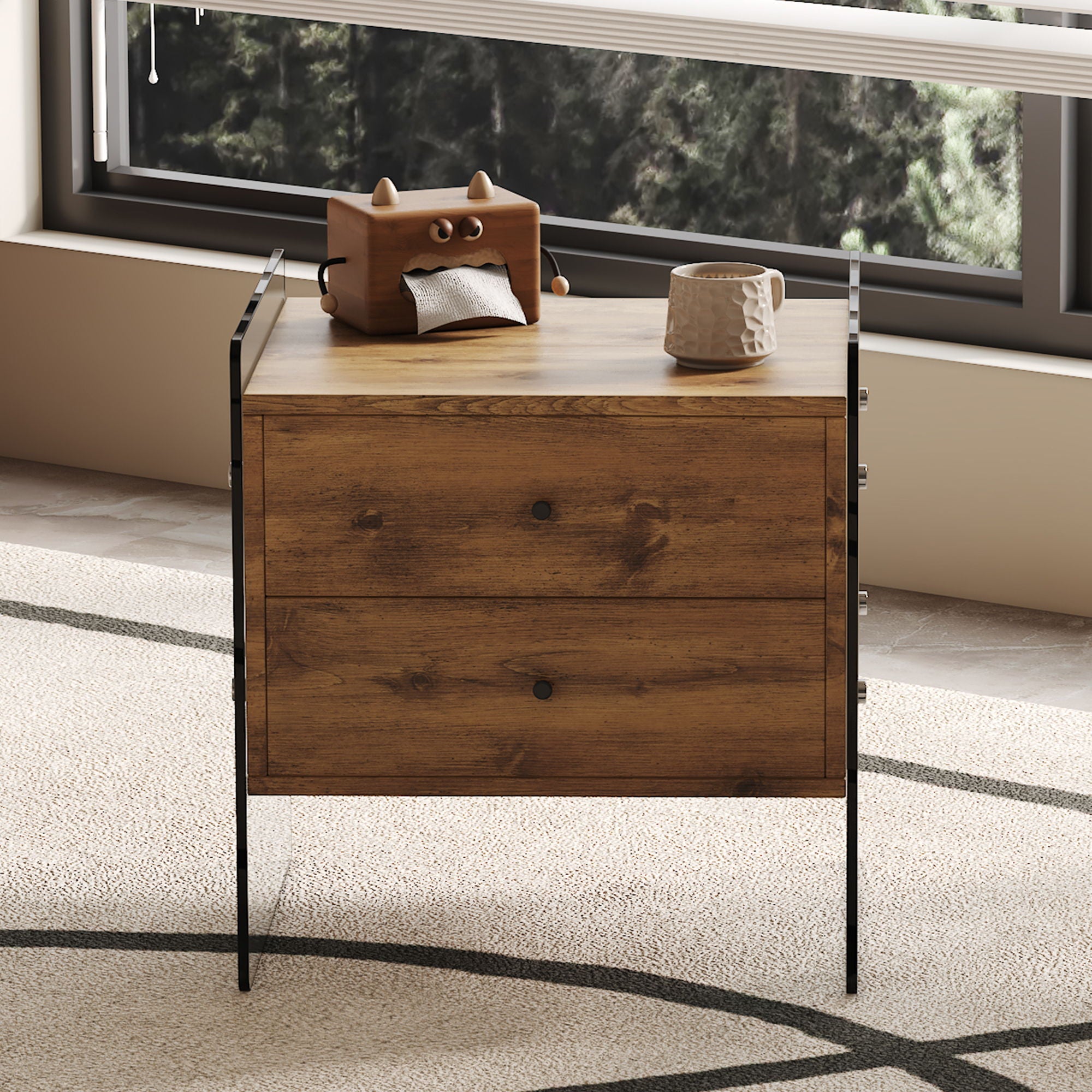 Double Drawer Bedside Table - Wood