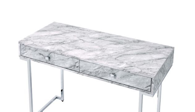 ACME Tigress - Writing Desk - White Printed Faux Marble & Chrome Finish | Meri Furniture
