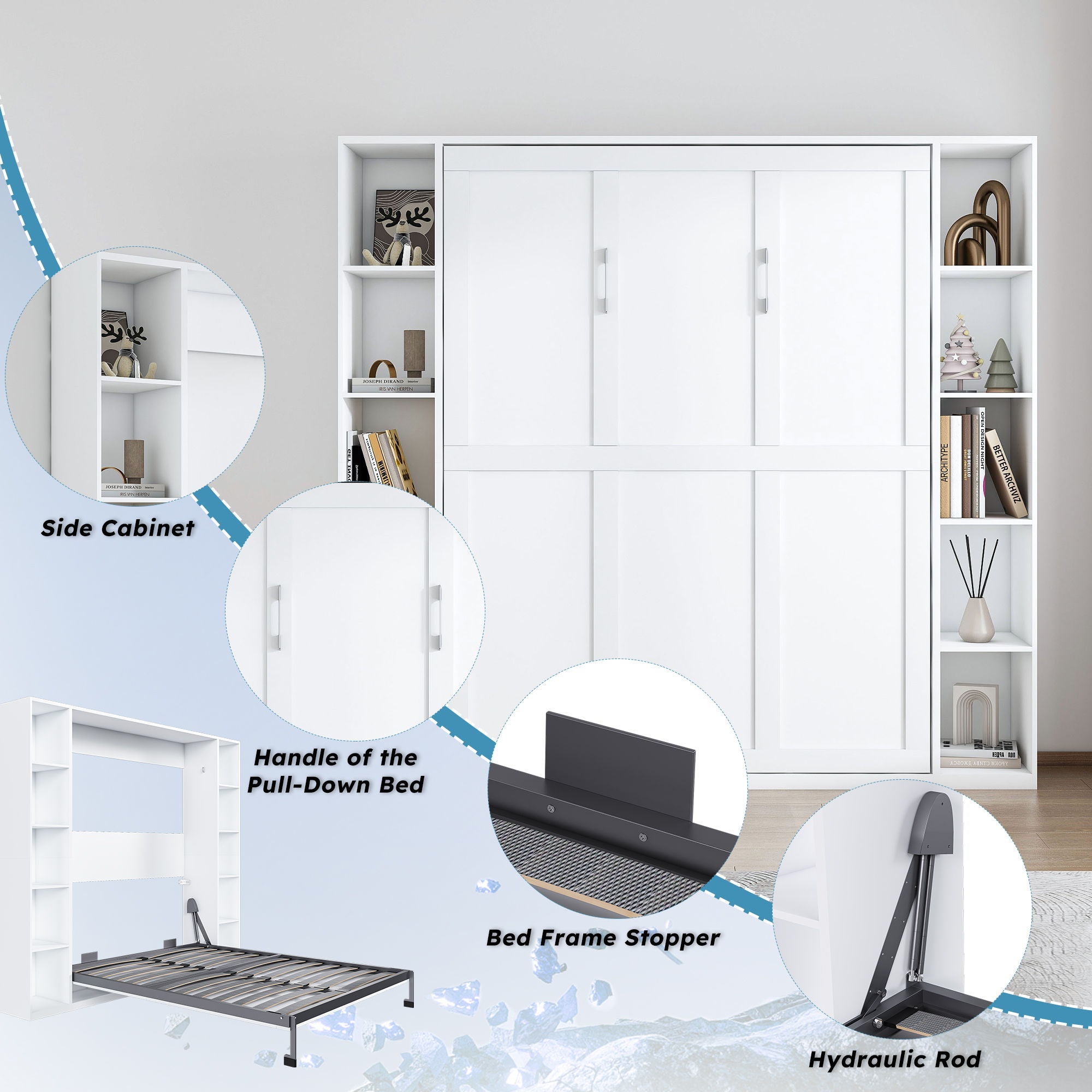 Queen Murphy Bed With Storage Cabinet - White