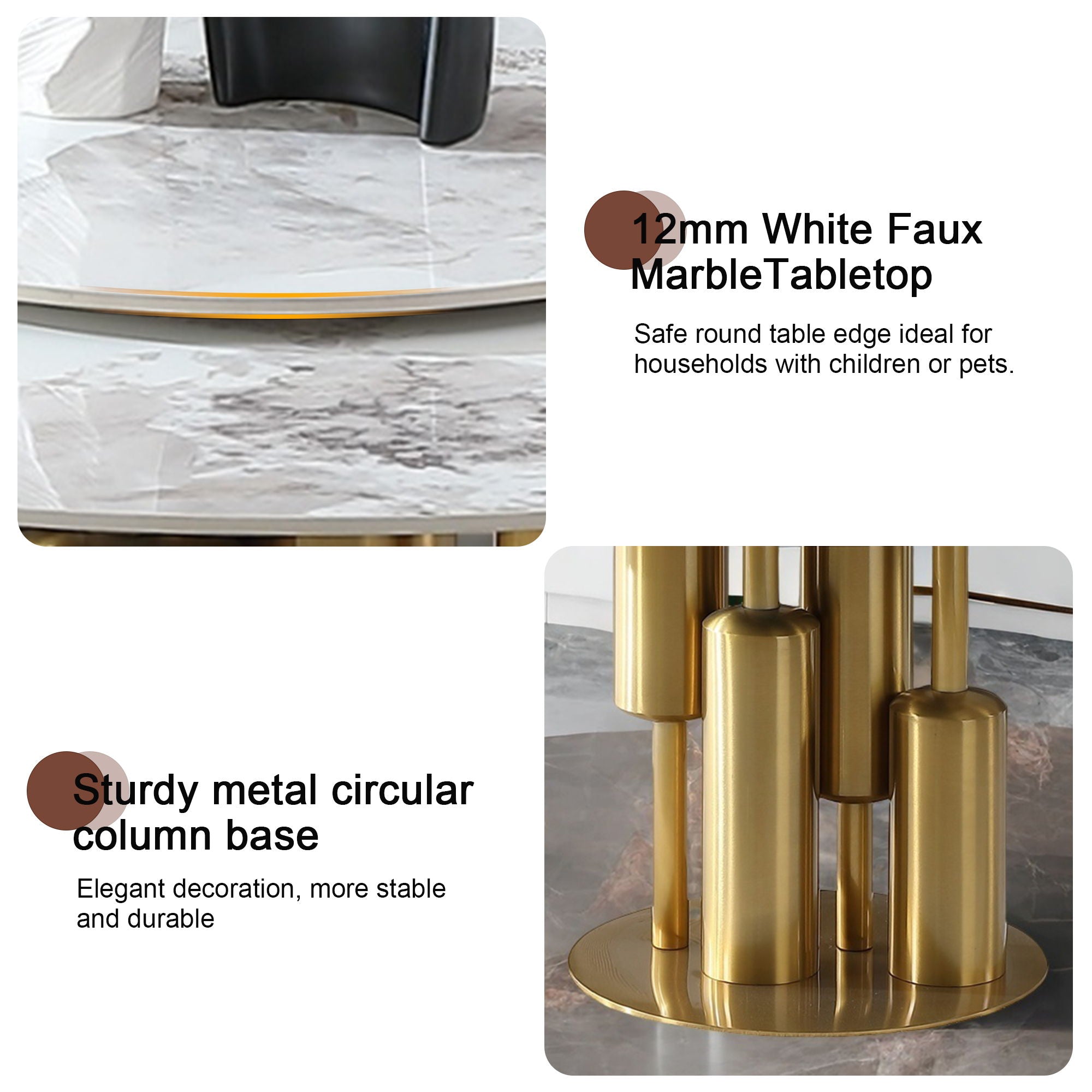 53" Round Marble Dining Table With Lazy Susan, Dining Room, Dinette (Table Only) - Gold / Gold / White