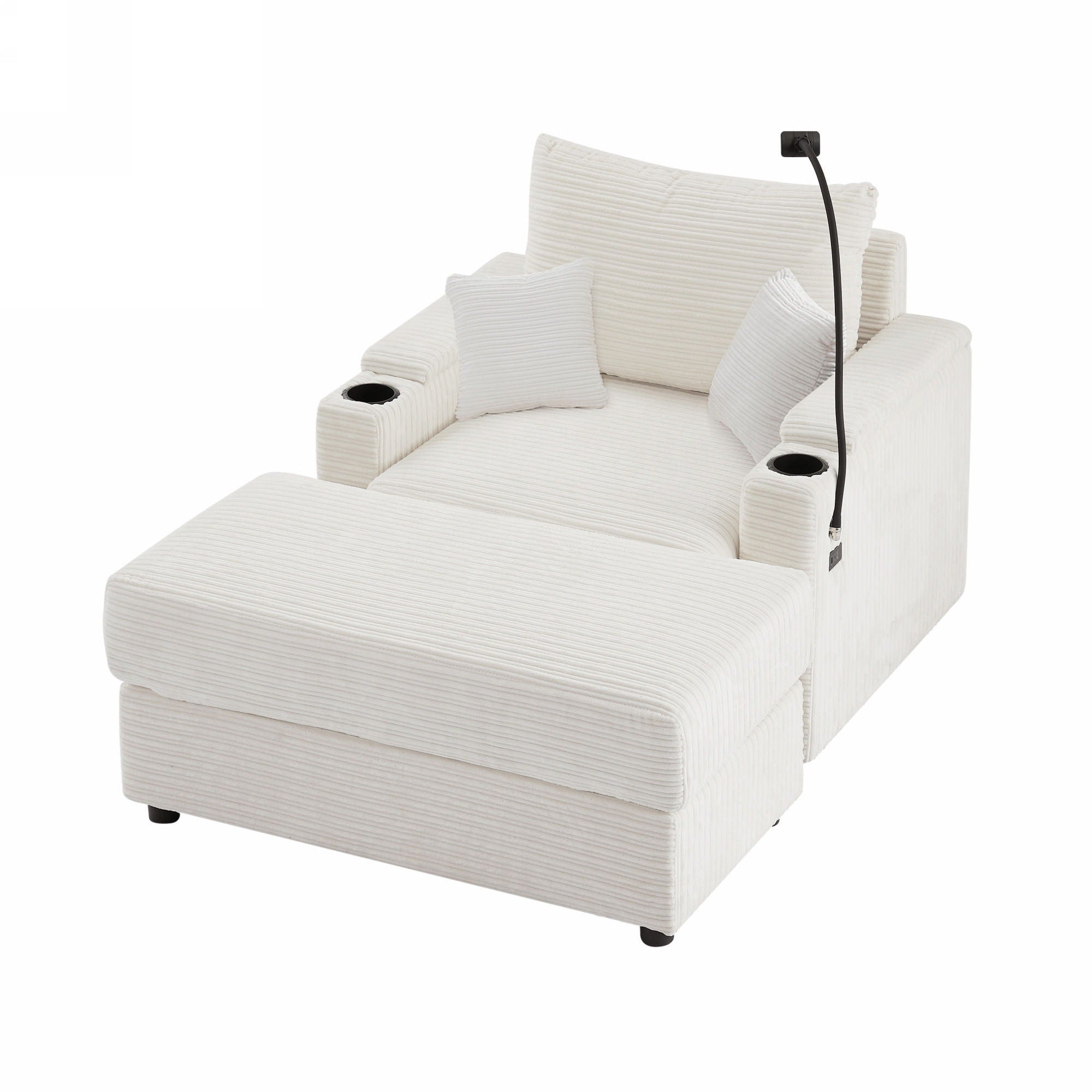 Single Sofa Couch With Storage Space, Movable Ottoman, USB Ports, Cup Holders, Phone Holder