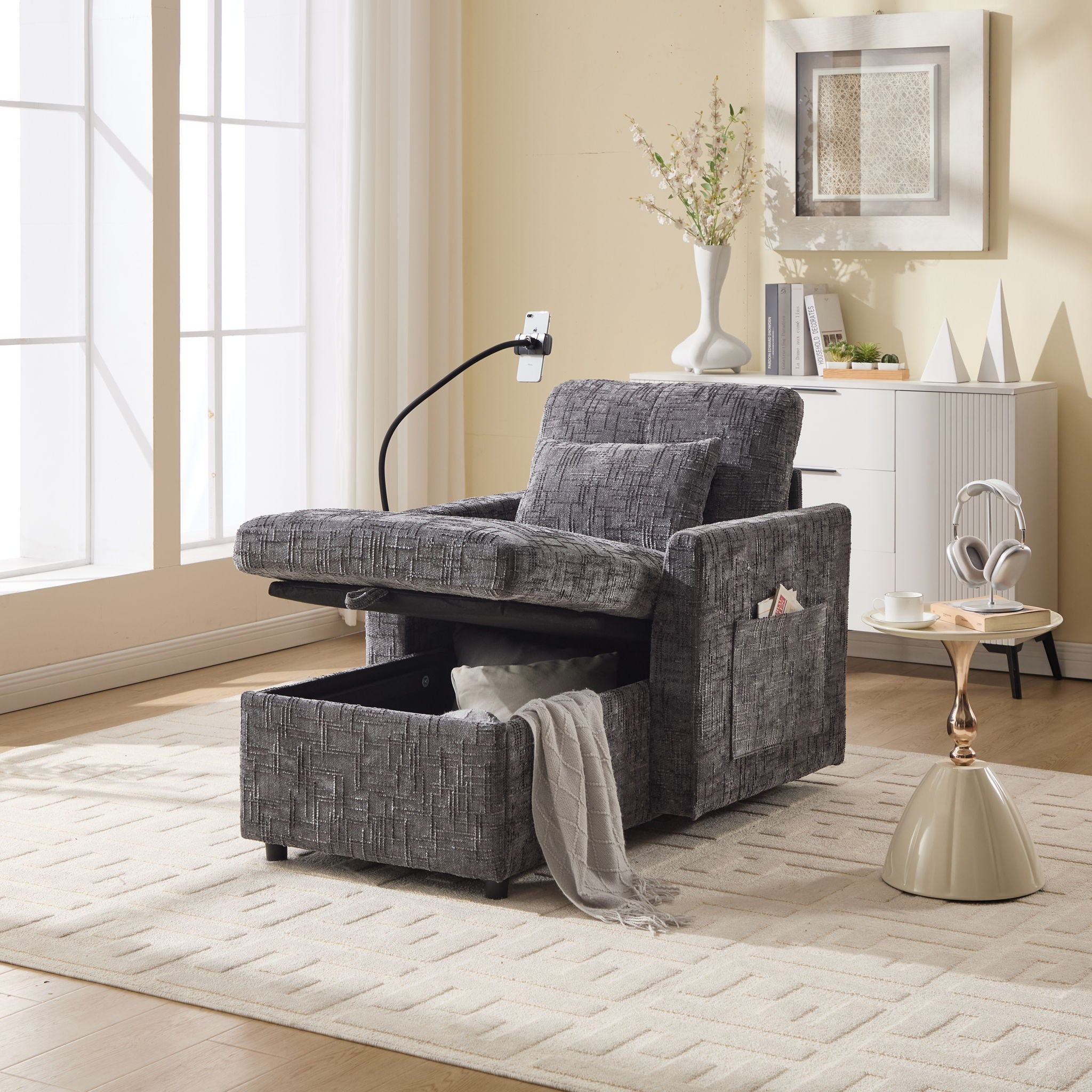 Multifunctional Chenille Recliner Sofa With Storage And Phone Bracket