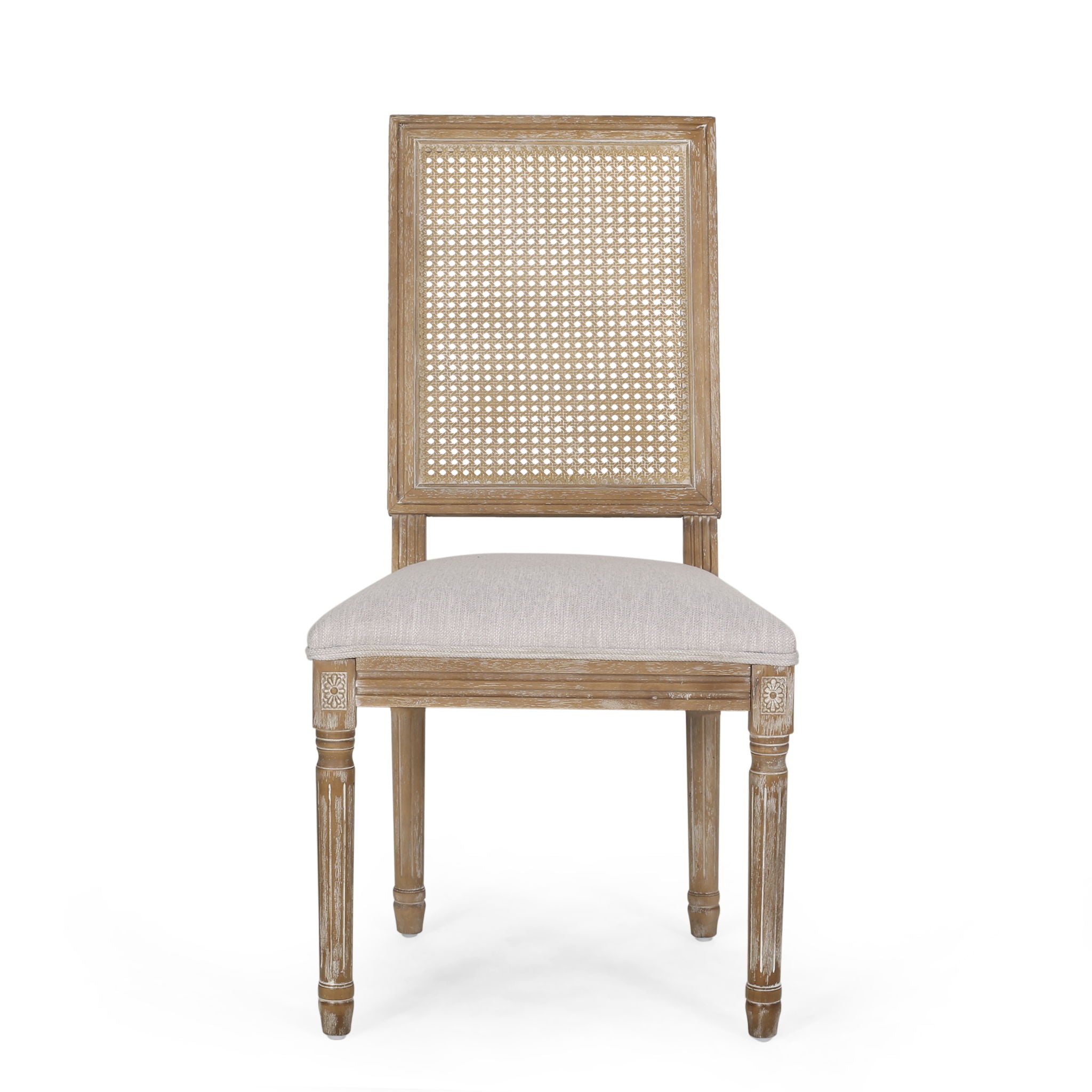 French Country Dining Chair With Rectangular Cane Backrest And Smooth Upholstered Seating