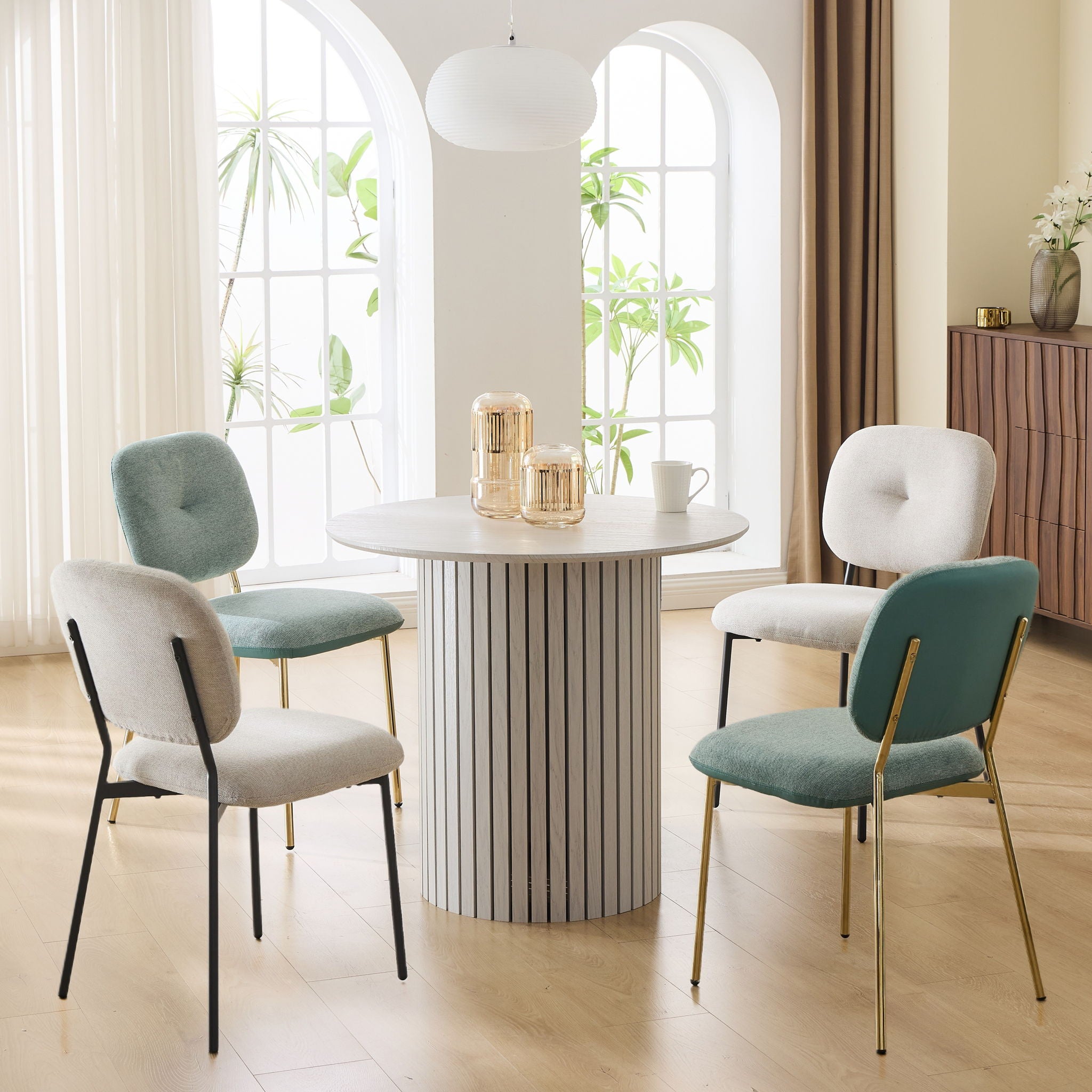 Modern 4 Person Dining Set With Bamboo & Table And Turquoise & Chairs Metal Legs, Space Saving Design - White