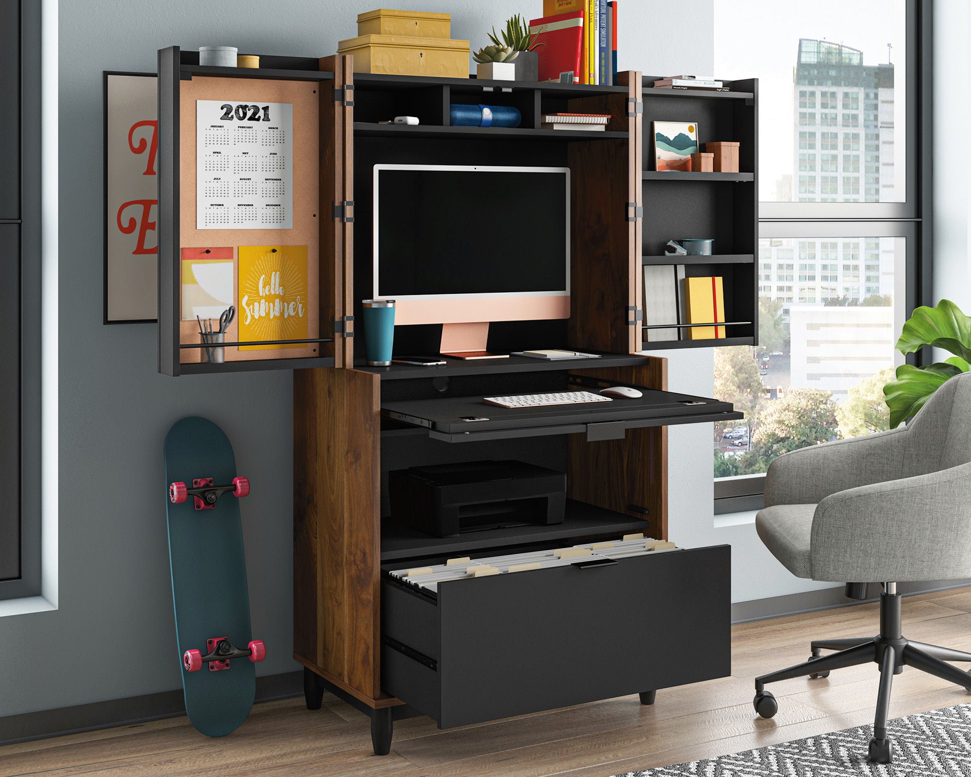 Computer Cabinet with Storage in Grand Walnut