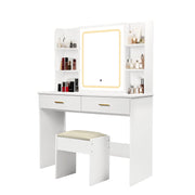 Vanity Desk With Mirror And LED Lights 3 Lighting Modes And Power Outlet 2 Spacious Drawers And Stool - White