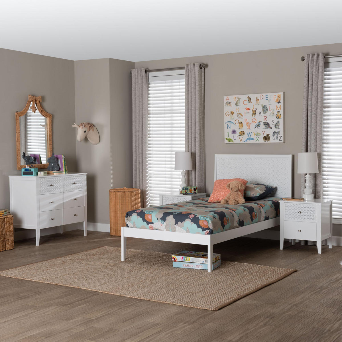 Lara Twin 4-Piece Bedroom Set - Modern Wood Bed Frame with Matching Nightstands and Dresser, Decorative Laser-Cut Overlay, White