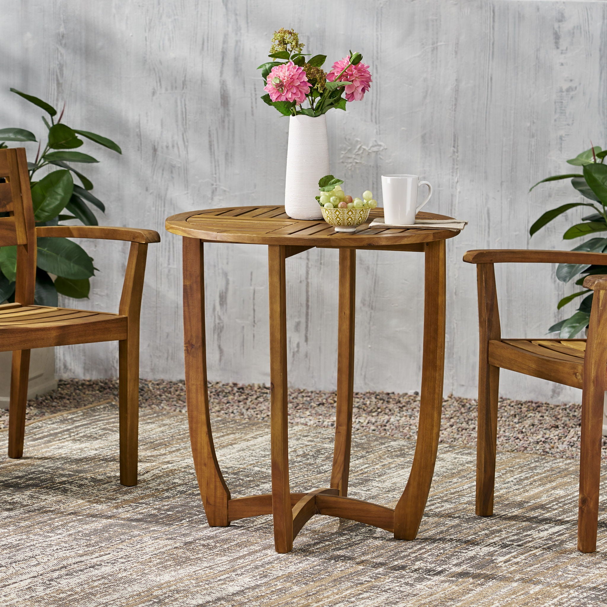 Outdoor Circular Wood Bistro Table With Curved Legs And Slat Panel Table Top - Teak