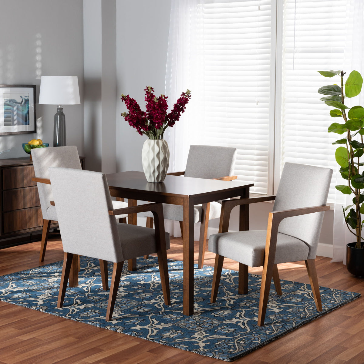 Glenda Mid-Century Modern Greyish Beige Fabric Upholstered and Walnut Brown Finished Wood 5-Piece Dining Set