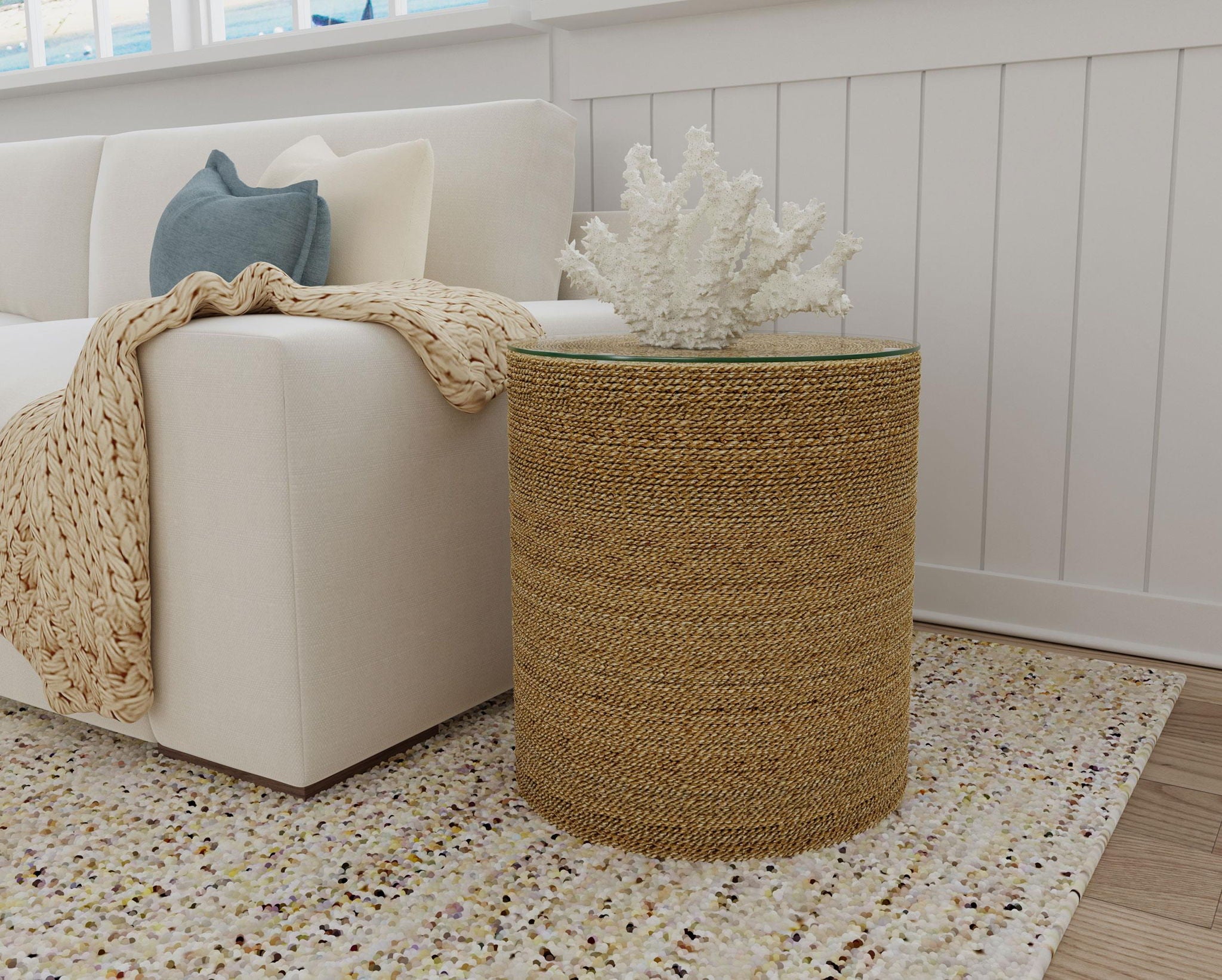Halden Round Woven Seagrass Accent Side Table Light Brown