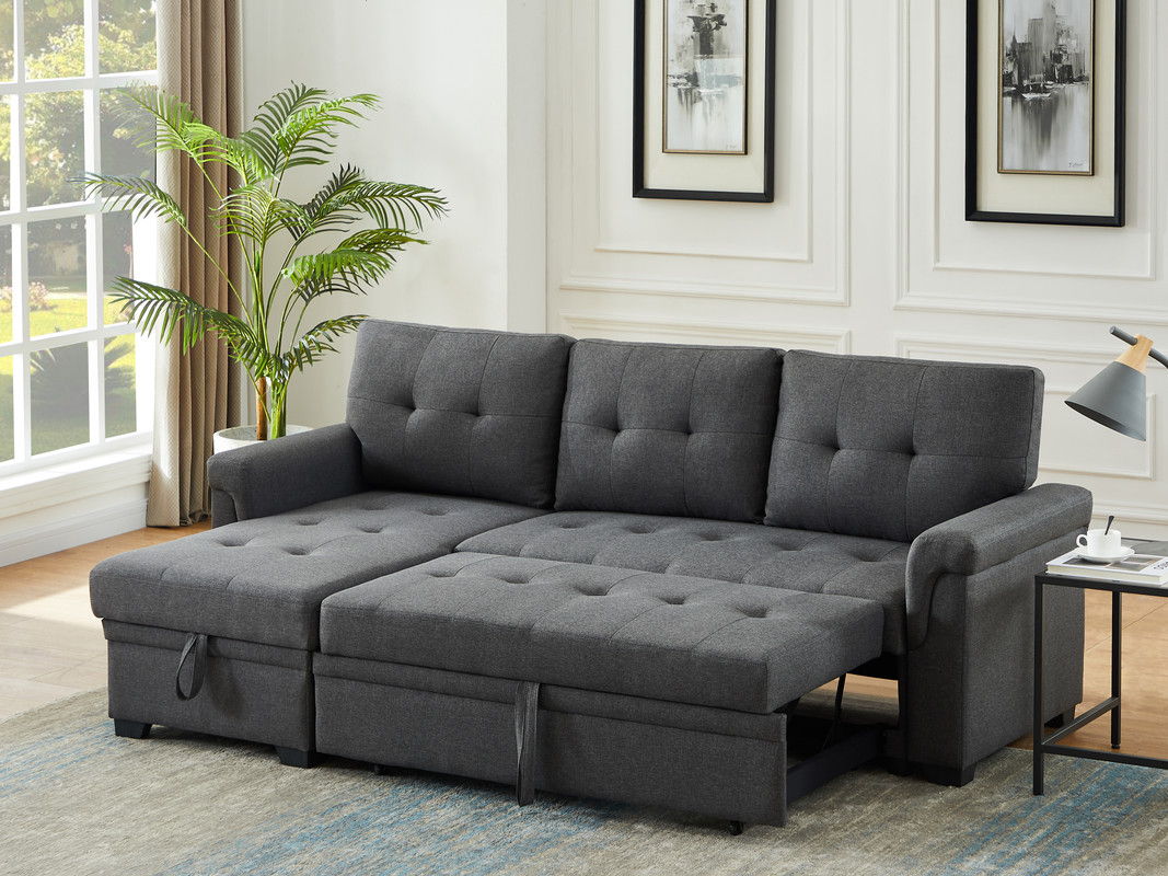 Lucca 84"W Dark Gray Linen Reversible Sleeper Sectional Sofa with Storage Chaise