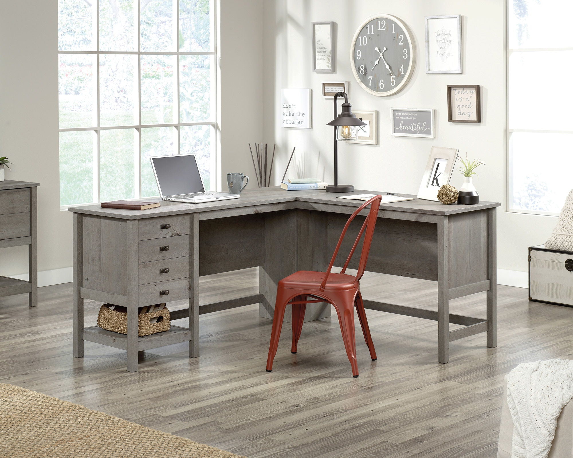 Wood L-Shaped Desk in Mystic Oak Finish