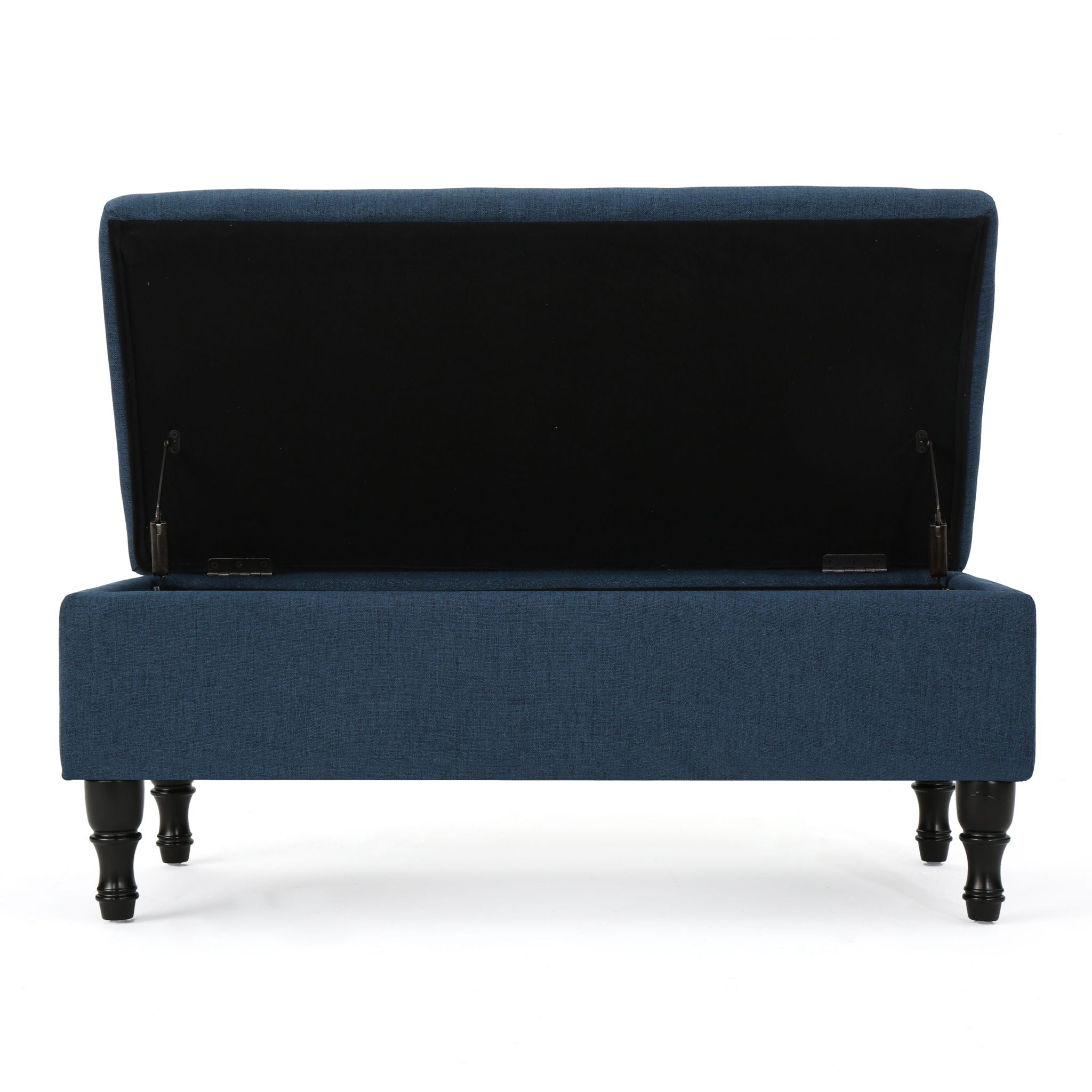 Hyatt - Suede Storage Ottoman With Tufted Top And Dark Wooden Legs - Navy Blue