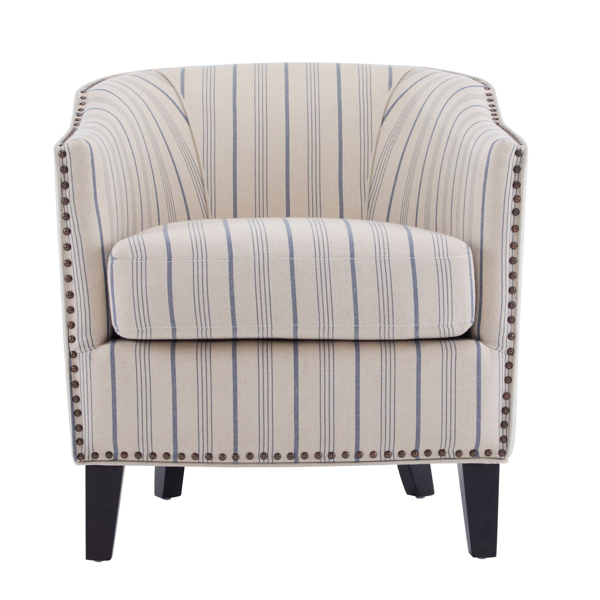 Transitional Upholstered Stripe Barrel Chair With Birch Wood Legs And Plush Cushioned Seat - Beige / Blue Stripe