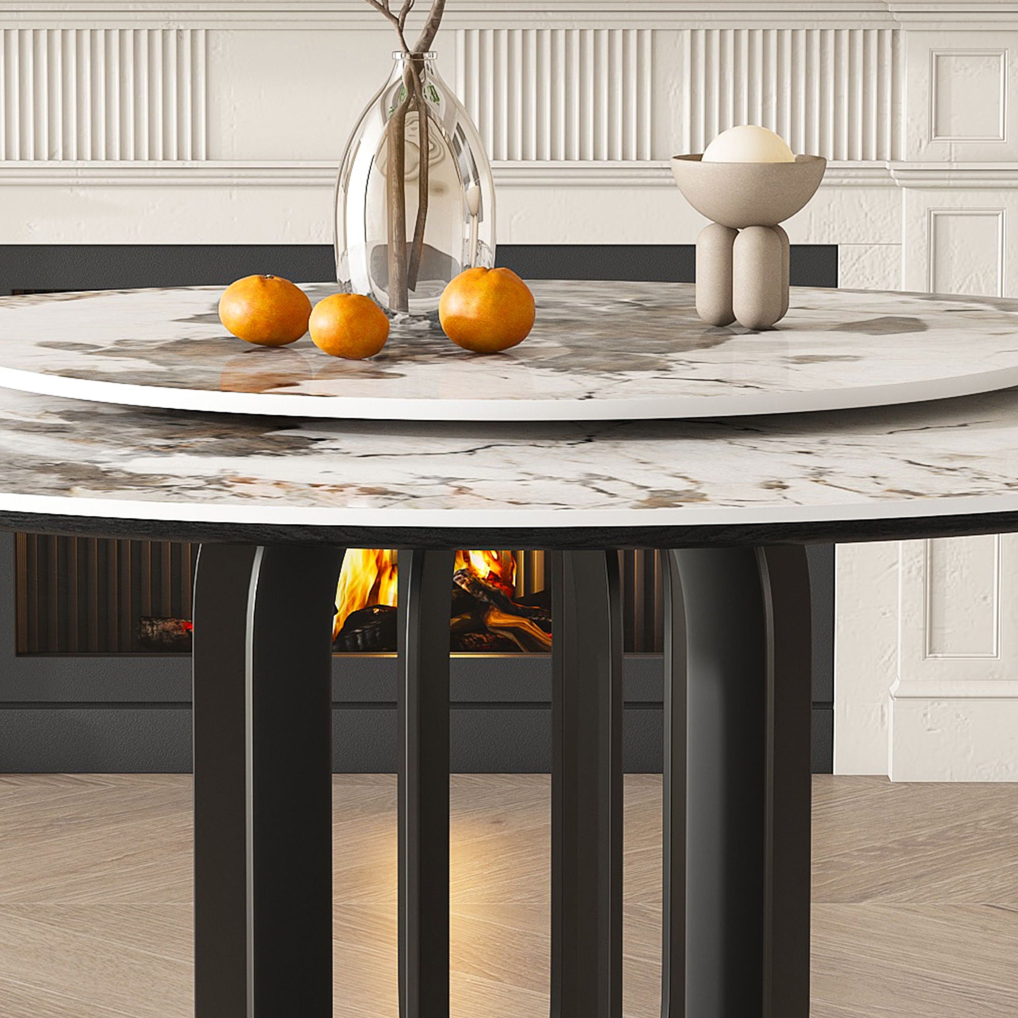 Round Dining Table With Carbon Steel Base And Lazy Susan Industrial Style - Black / White