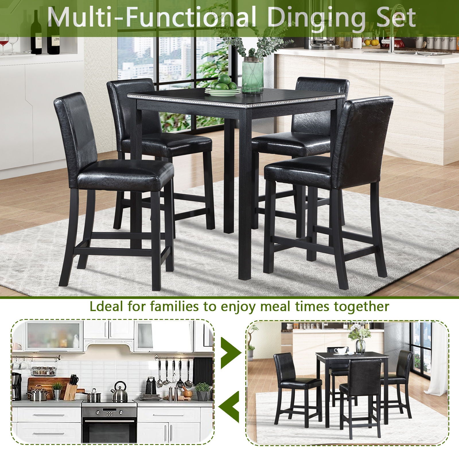 5 Pieces Counter Height Table Set, Kitchen Table With Square Table And 4 Upholstered Chairs