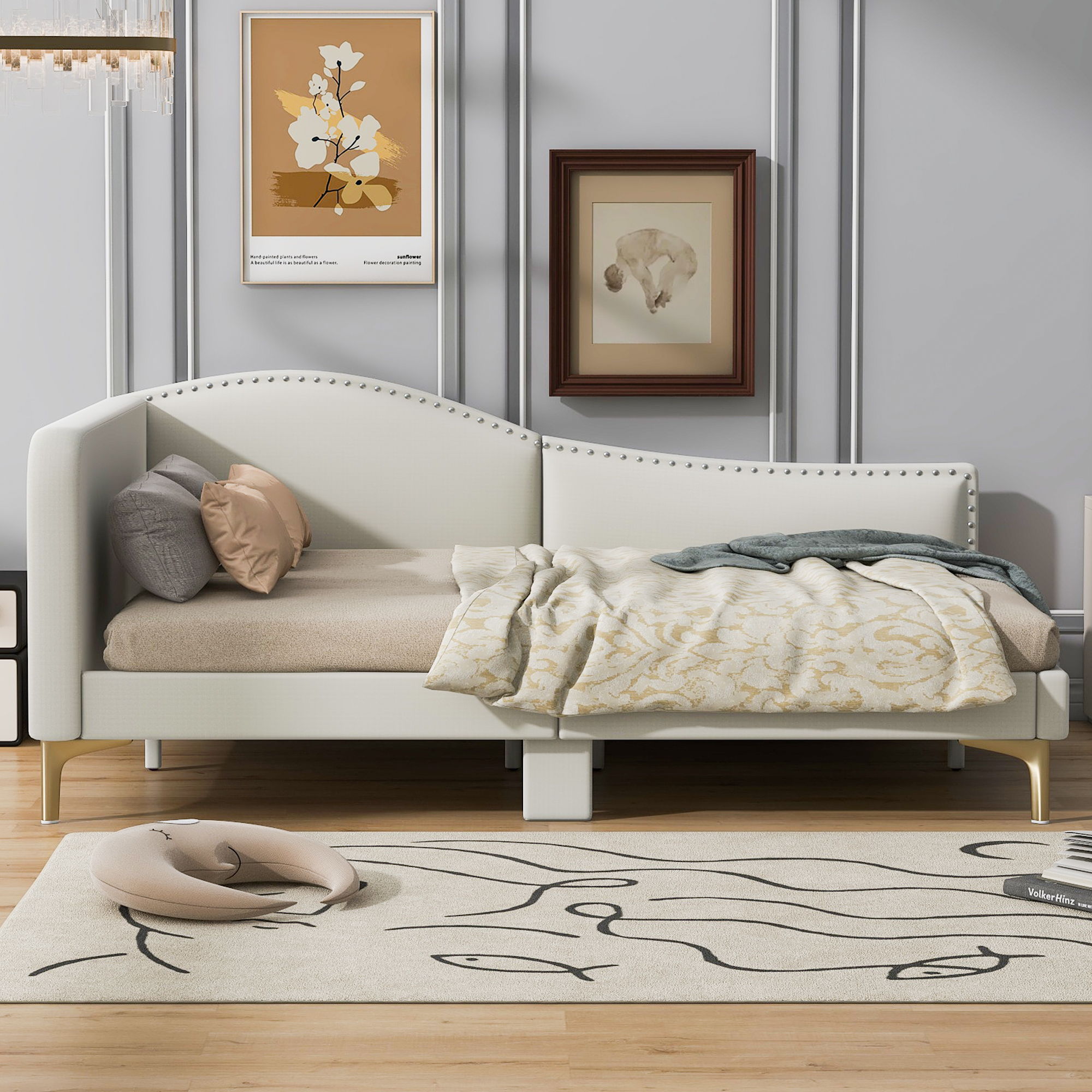 Upholstered Daybed With Headboard And Armrest, Support Legs