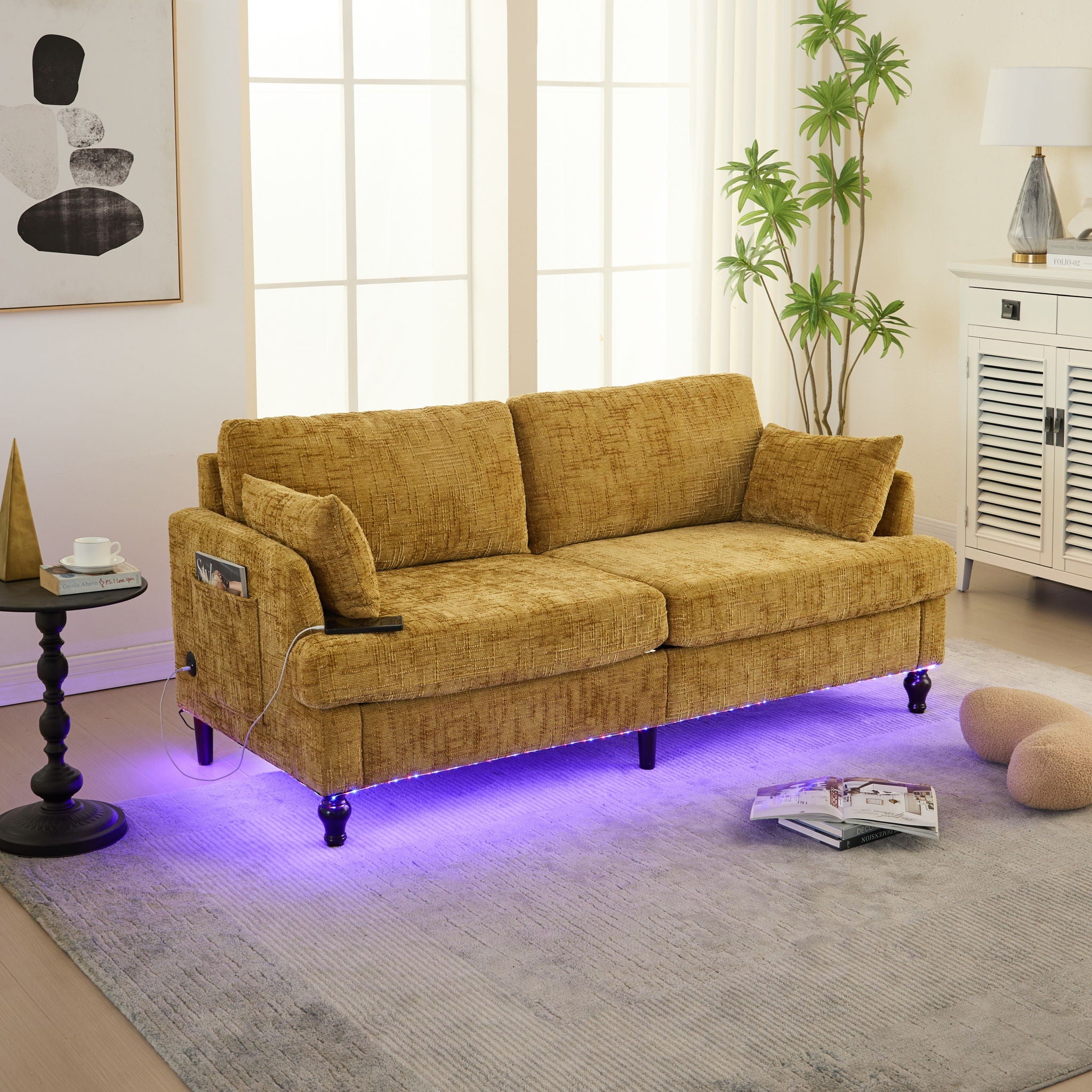 Chenille 2 Seater Sofa With LED Light, USB Charging Port, And Storage Bag