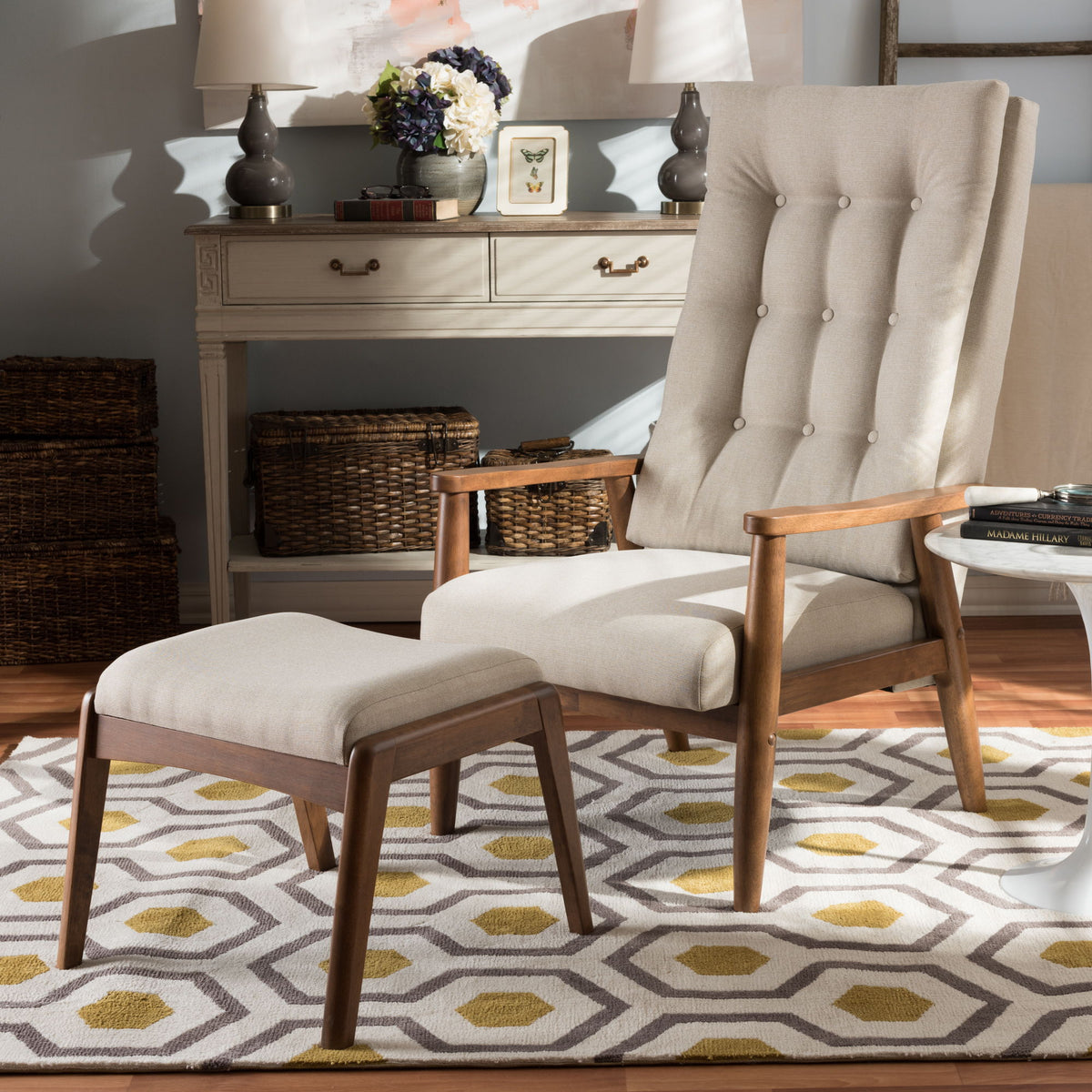 Roxy Mid-Century Modern Walnut Wood Finishing and Light Beige Fabric Upholstered Button-Tufted High-Back Lounge Chair and Ottoman Set