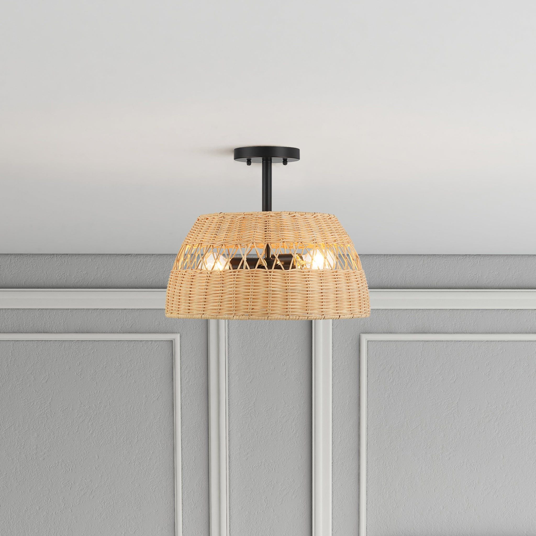 Twinkle - Double Lights Semi Flush With Shade - Black / Rattan