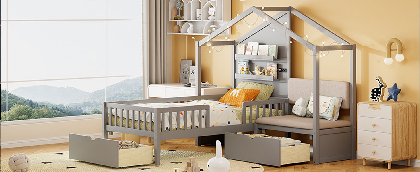 House Bed With Upholstered Sofa, Wireless Charging Station, Shelves And 2 Drawers