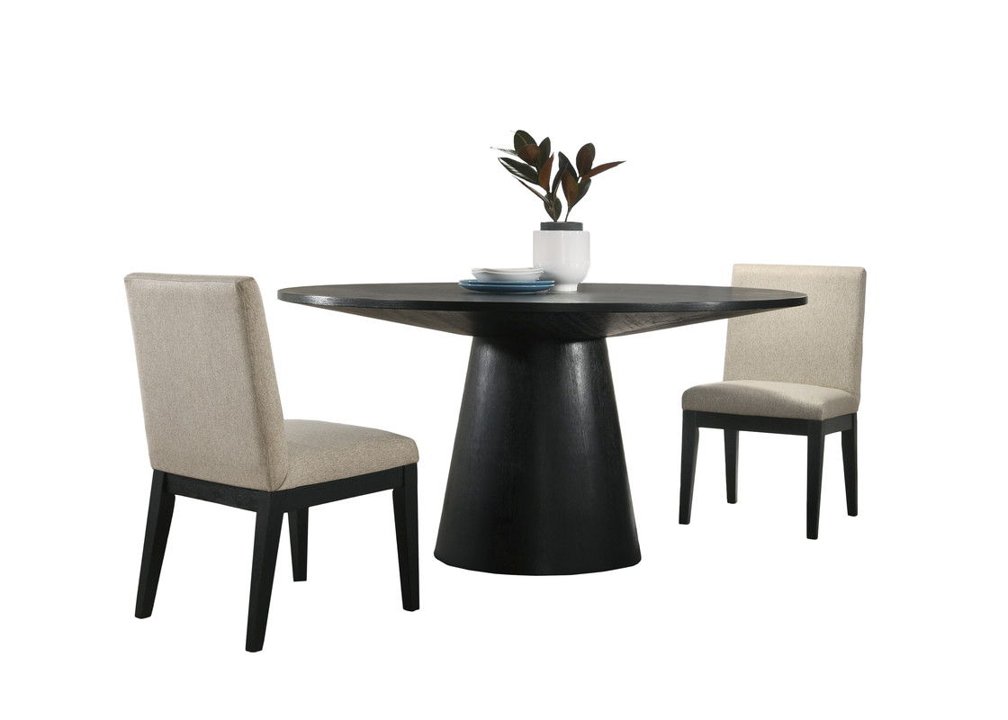 Jasper Ebony Black 3 Piece 59" Contemporary Round Dining Table Set with Pedestal Base and Beige Fabric Chairs