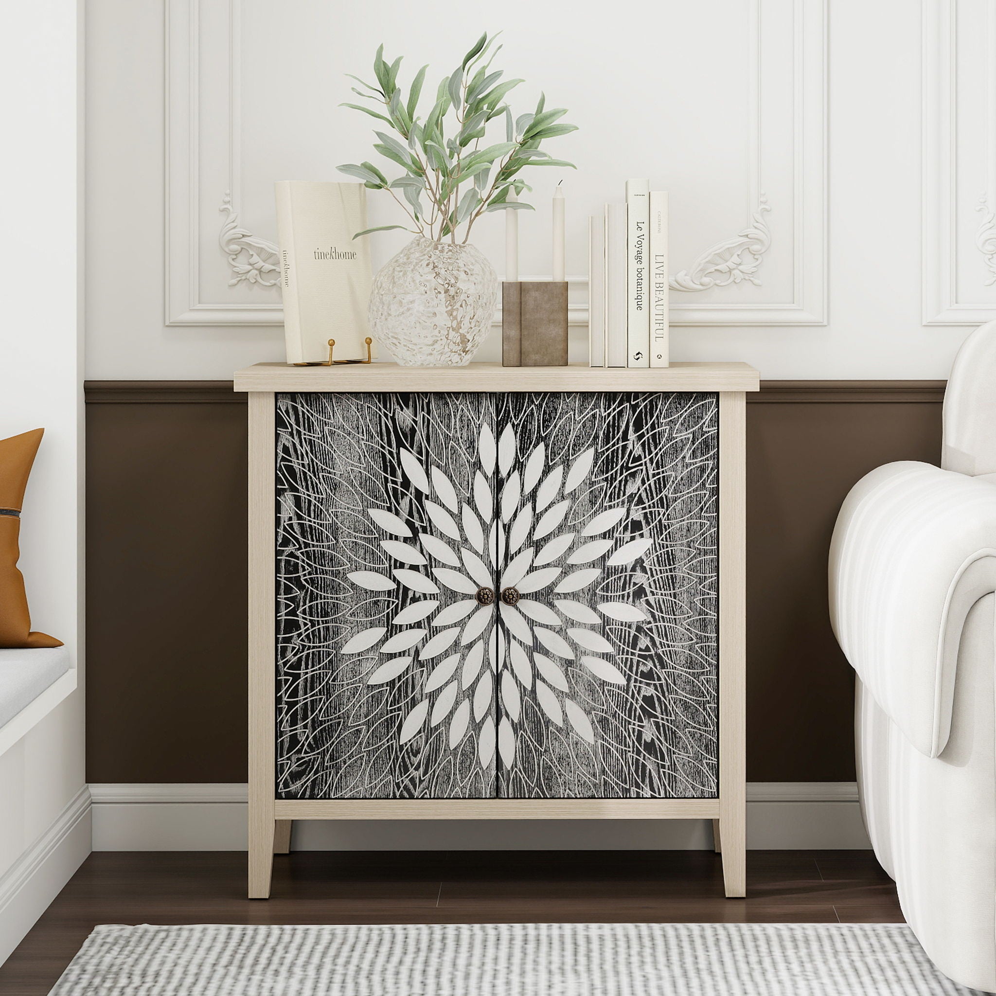 2 Door Carved Storage Cabinet With Adjustable Shelf, Accent Furniture