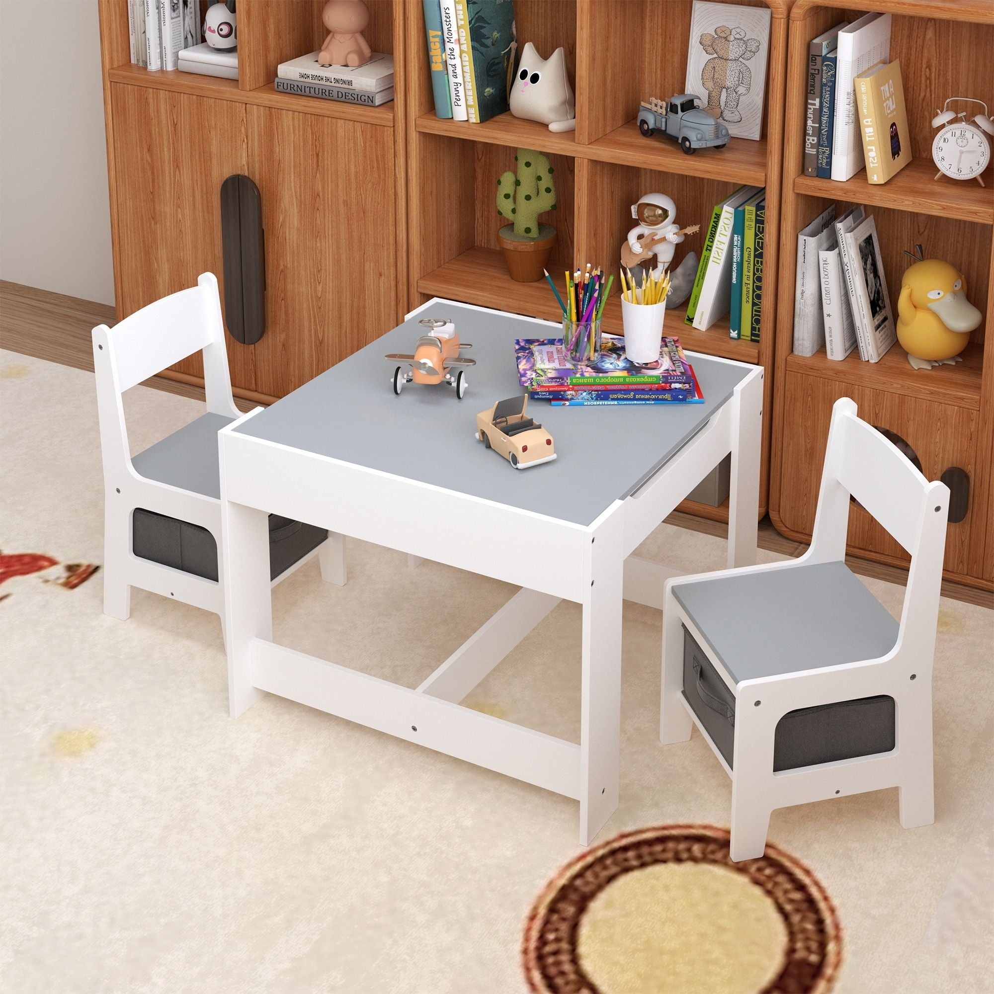 Kids Table And Chair Set, 3 In 1 Activity Table With Storage Drawer For Toddlers Drawing, Reading, Crafts, 2 In 1 Detachable Top - White