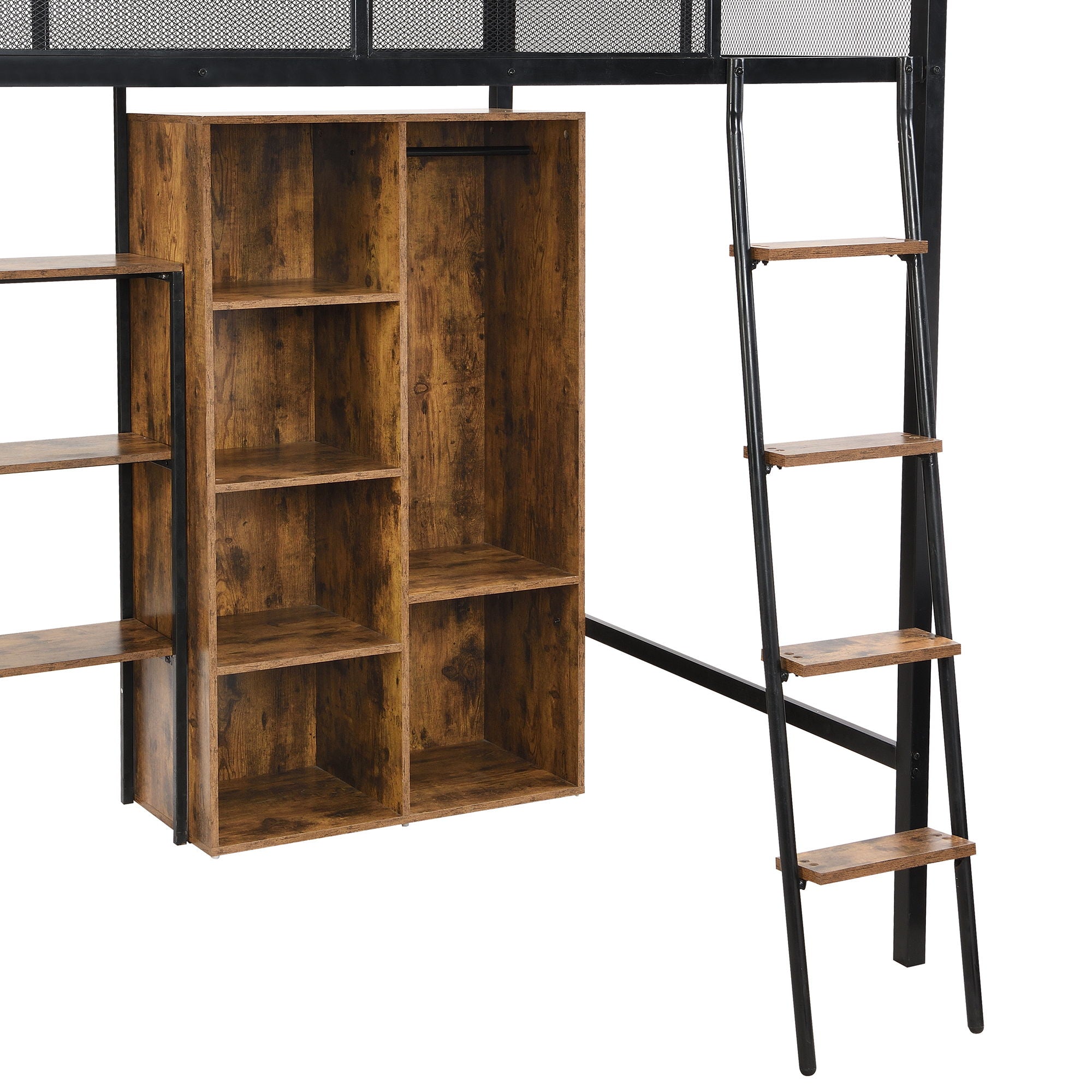 Full Size Loft Bed With Built In Desk, Wardrobe, And Shelves - Black