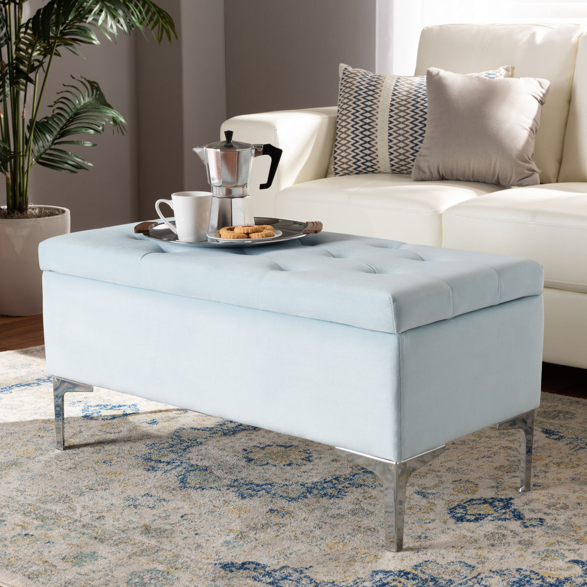 Mabel Modern and Contemporary Transitional Light Blue Velvet Fabric Upholstered Silver Finished Storage Ottoman