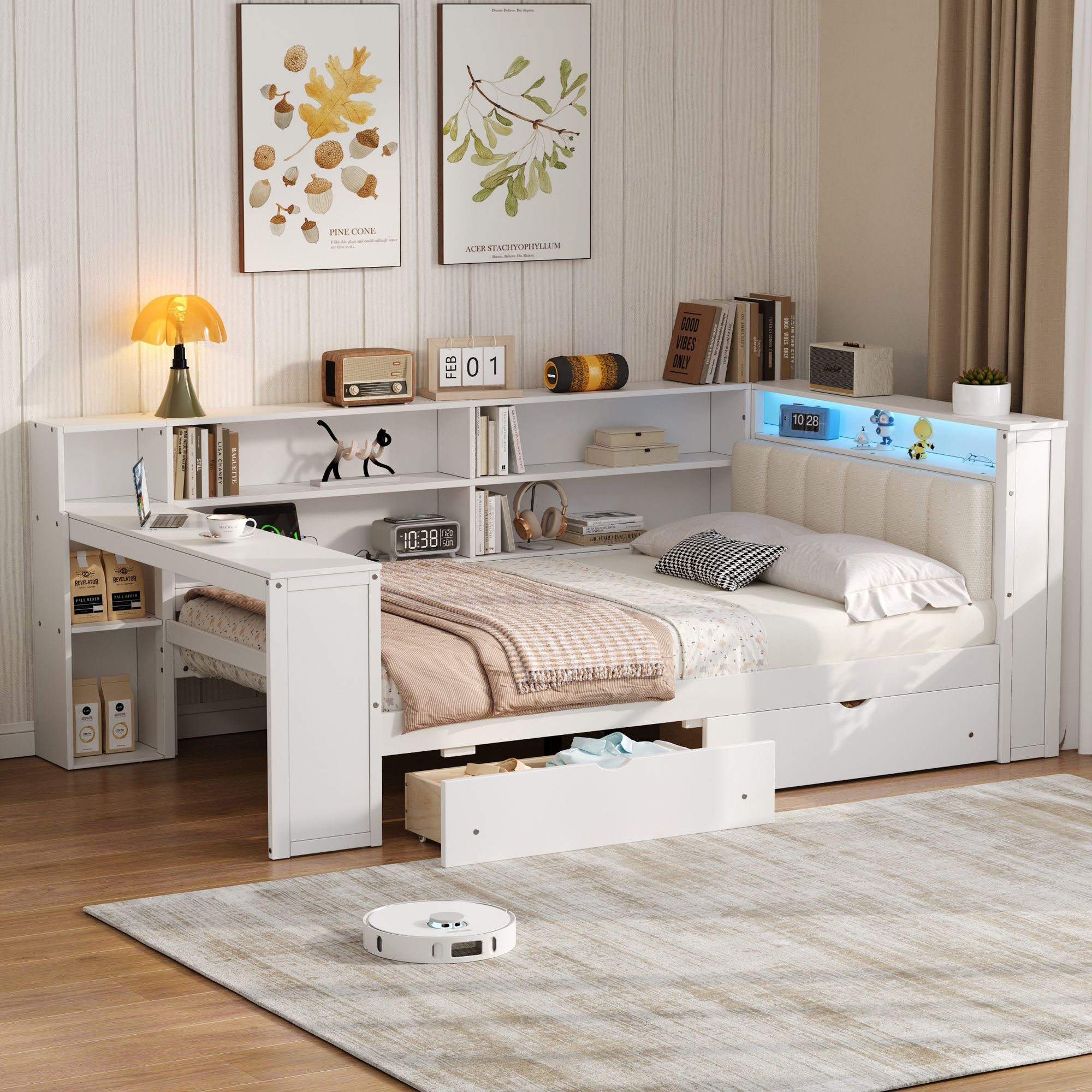 Platform Bed With Storage Shelves, Drawers, Charging Station, LED, Desk