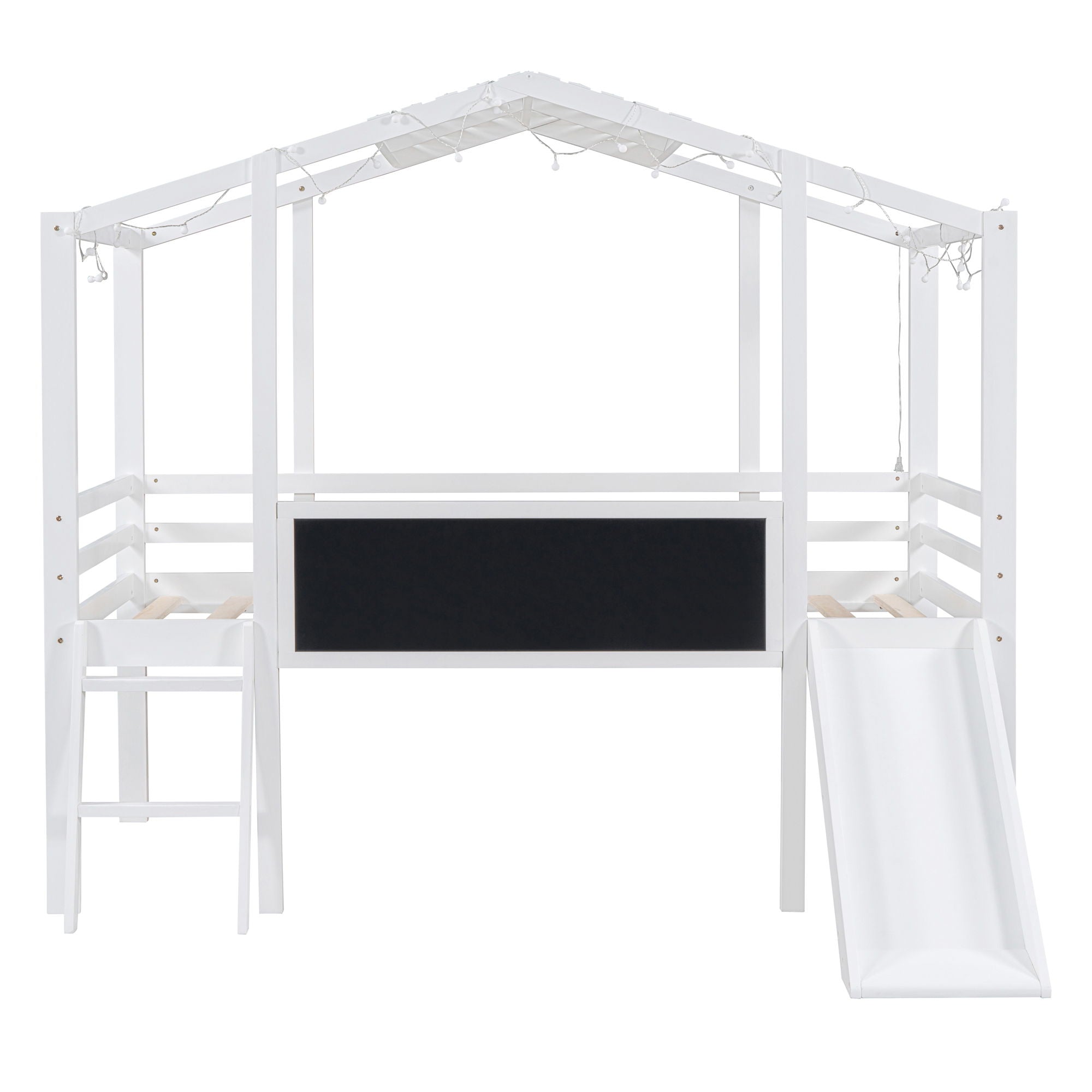 Loft House Bed With Ladder And Slide, With Blackboard And Light Strip On The Roof
