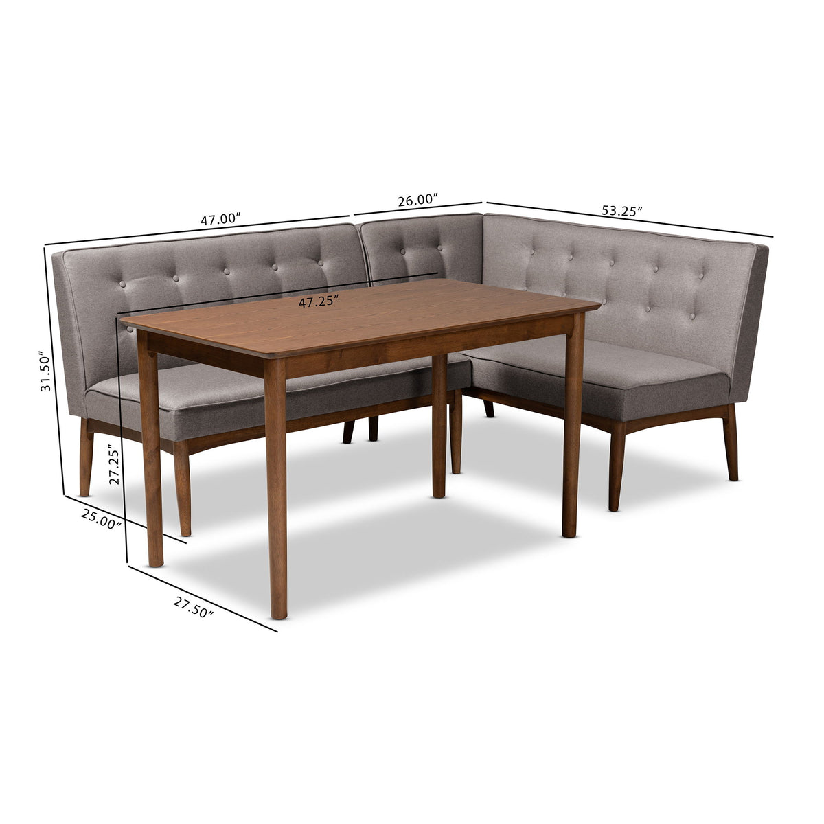 Arvid Mid-Century Modern Gray Fabric Upholstered 3-Piece Wood Dining Nook Set