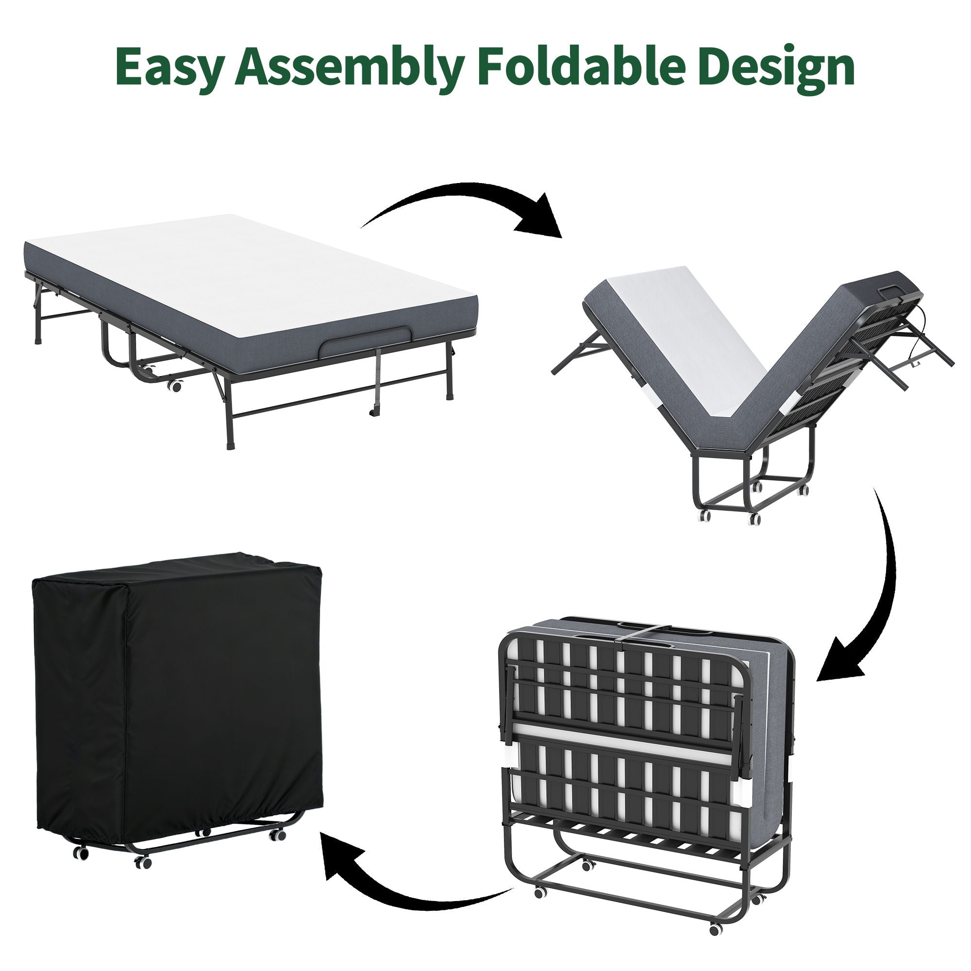 Twin Wide Folding Bed For Tall People, Extra Long & Wide Rollaway With Memory Foam, Heavy-Duty Capacity Guest, Spacious Portable Cot - Black