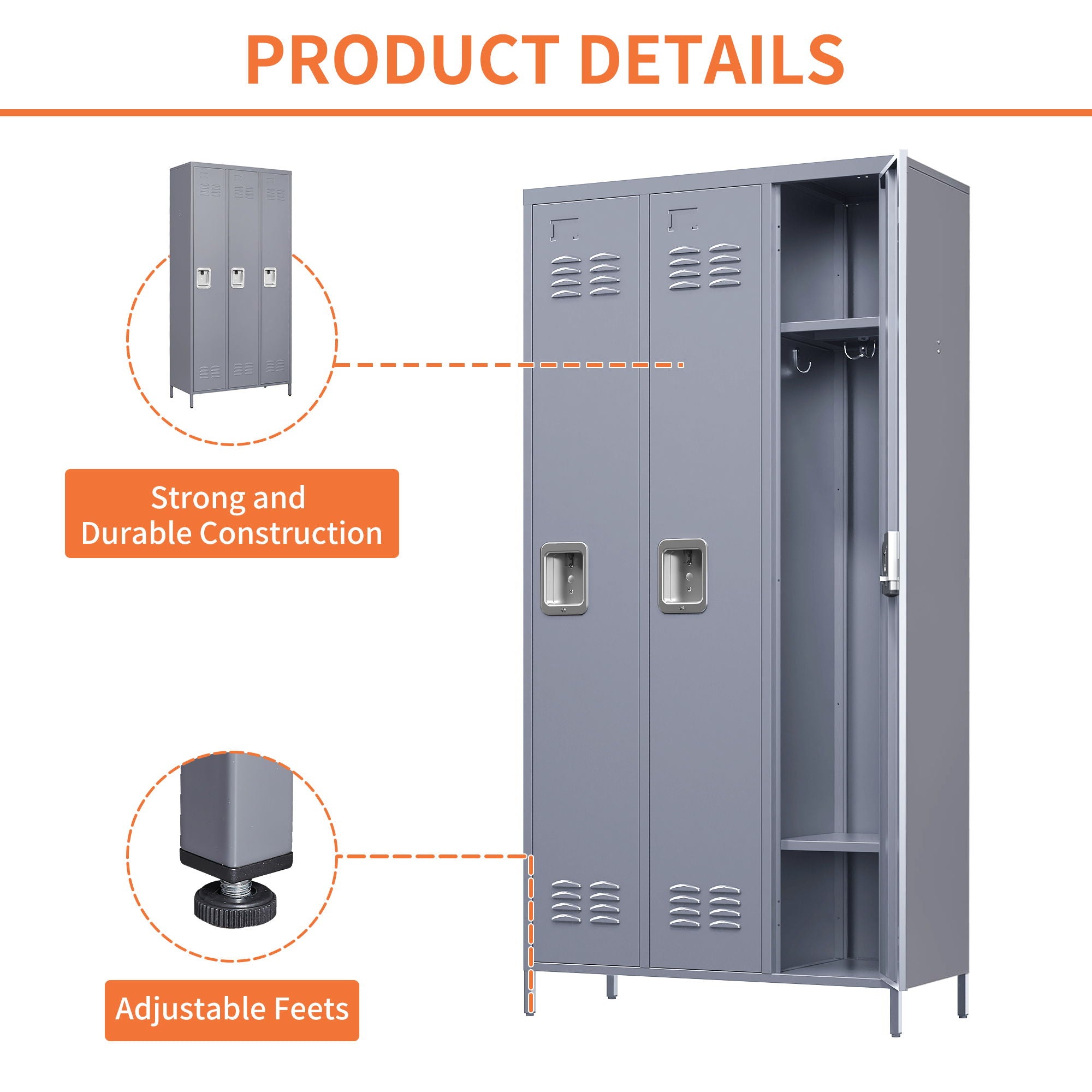 3 Door Lockers With Lock For Home, Gym, Office, School, And Garage - Gray