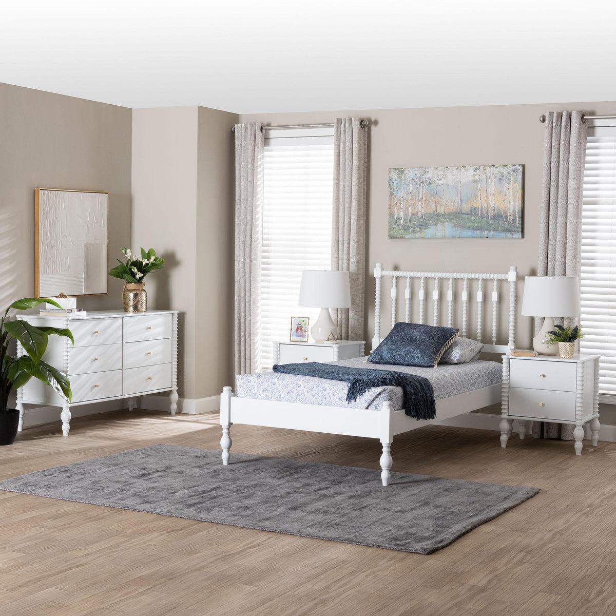 Callison Spindle 4-Piece Bedroom Set - Farmhouse Platform Bed with Matching Dresser and 2-Drawer Nightstands, White, Twin
