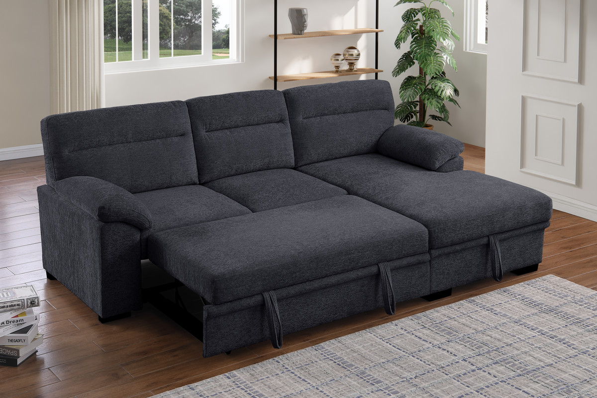 Kipling II 94"W Dark Gray Chenille Fabric Sleeper Sectional Sofa with Right-Facing Chaise, Cupholders, USB Charging port