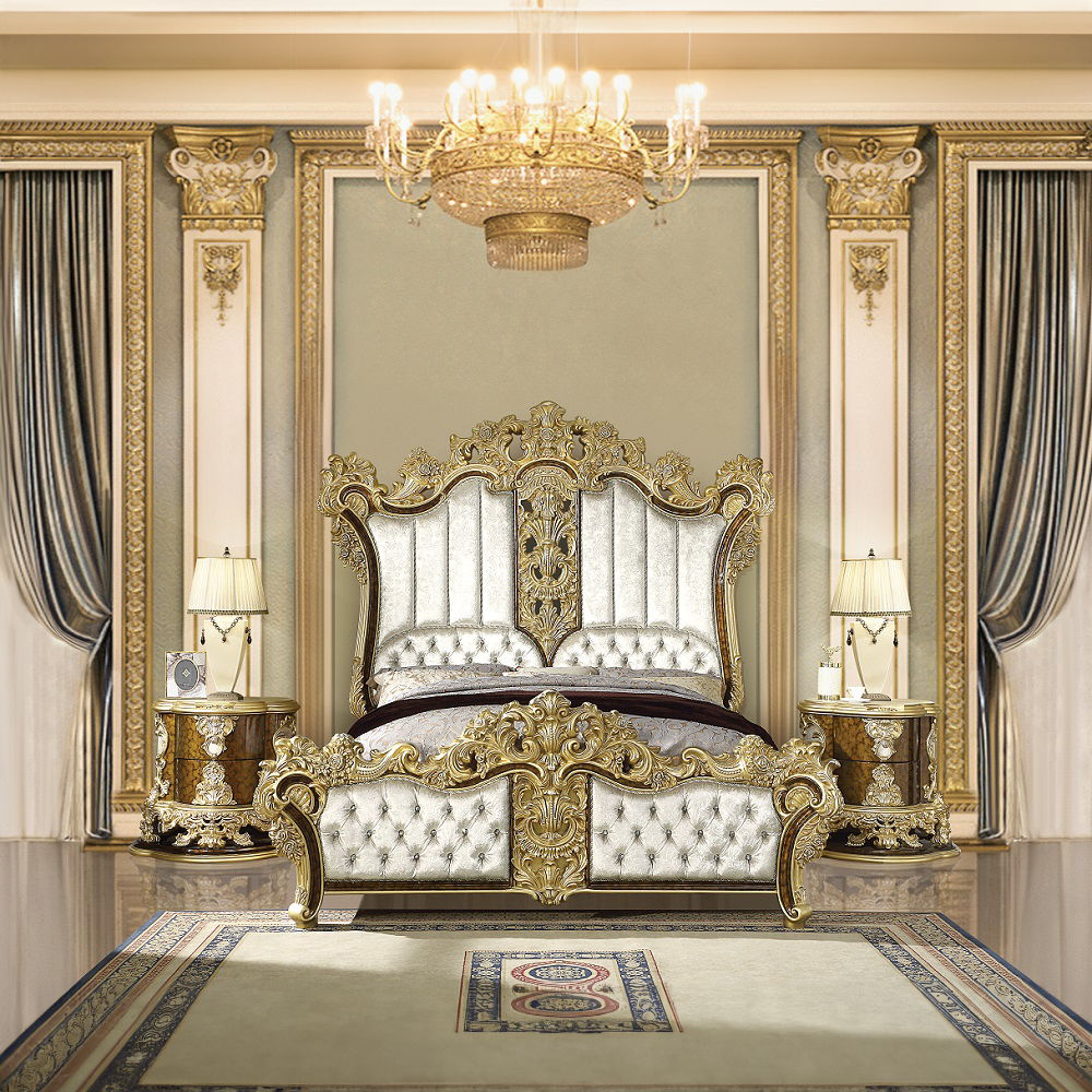 ACME Desiderius - Eastern King Bed - Antique Gold & Hand Painted Brown | Meri Furniture