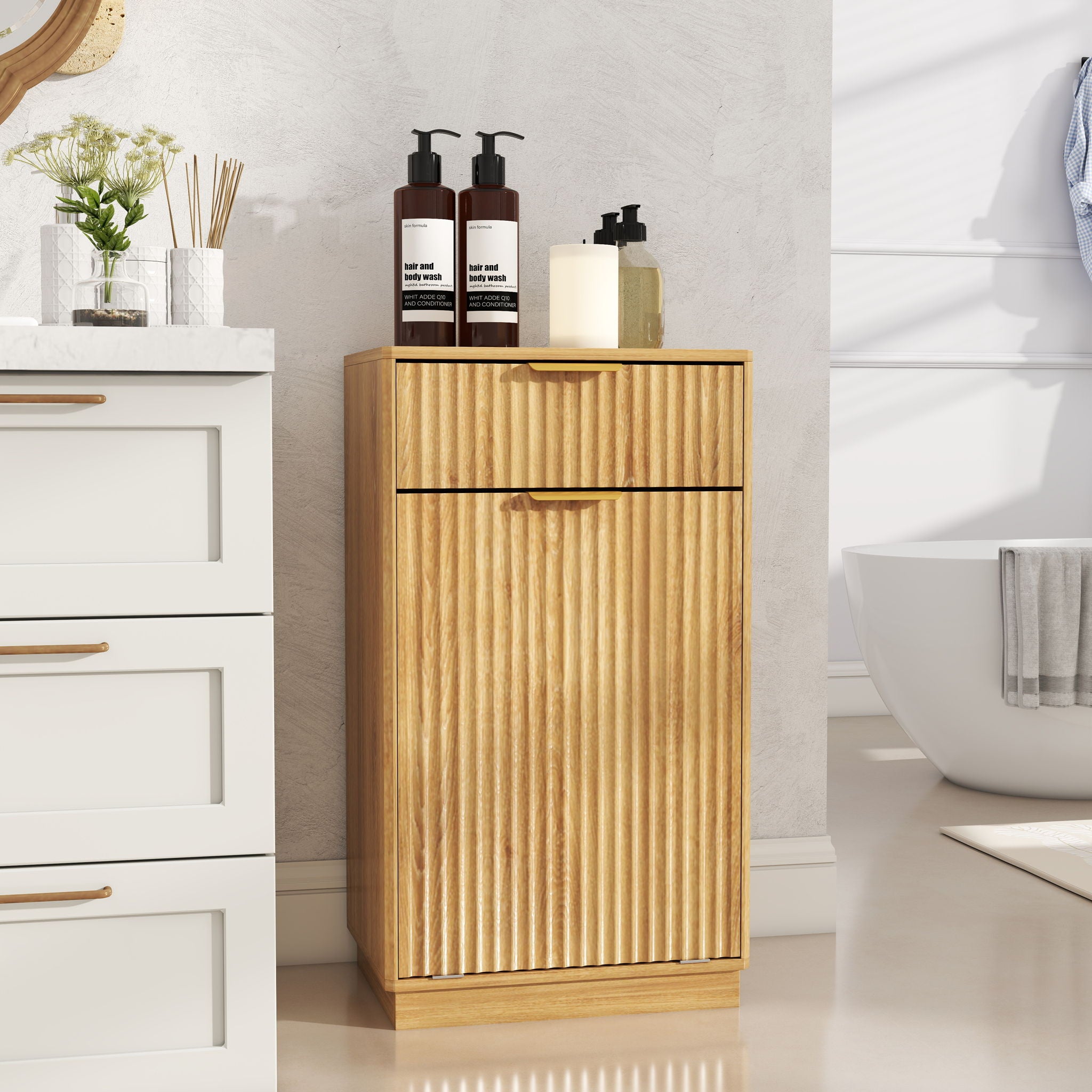 Tilt Out Trash Can Cabinet With Wave Textured Drawer & Pull Out Bin