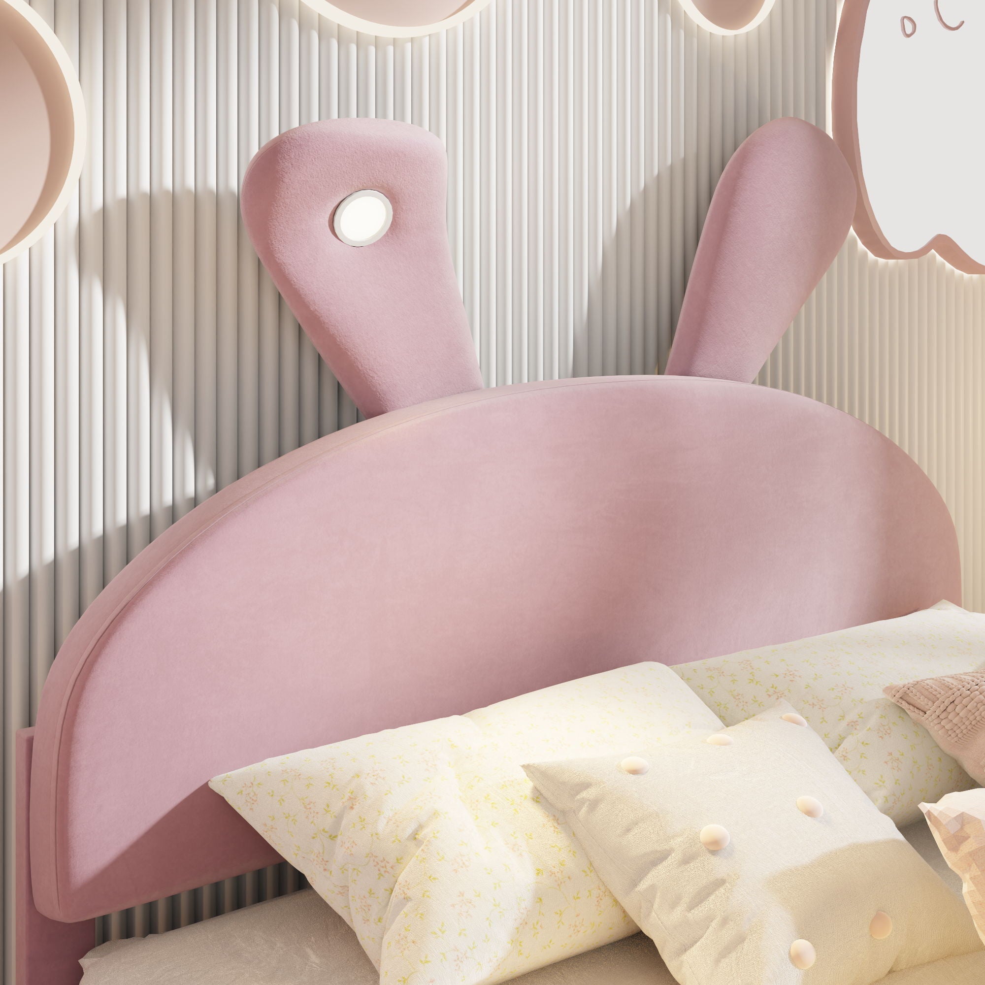 Upholstered Platform Bed With Cartoon Ears Shaped Headboard And LED Light