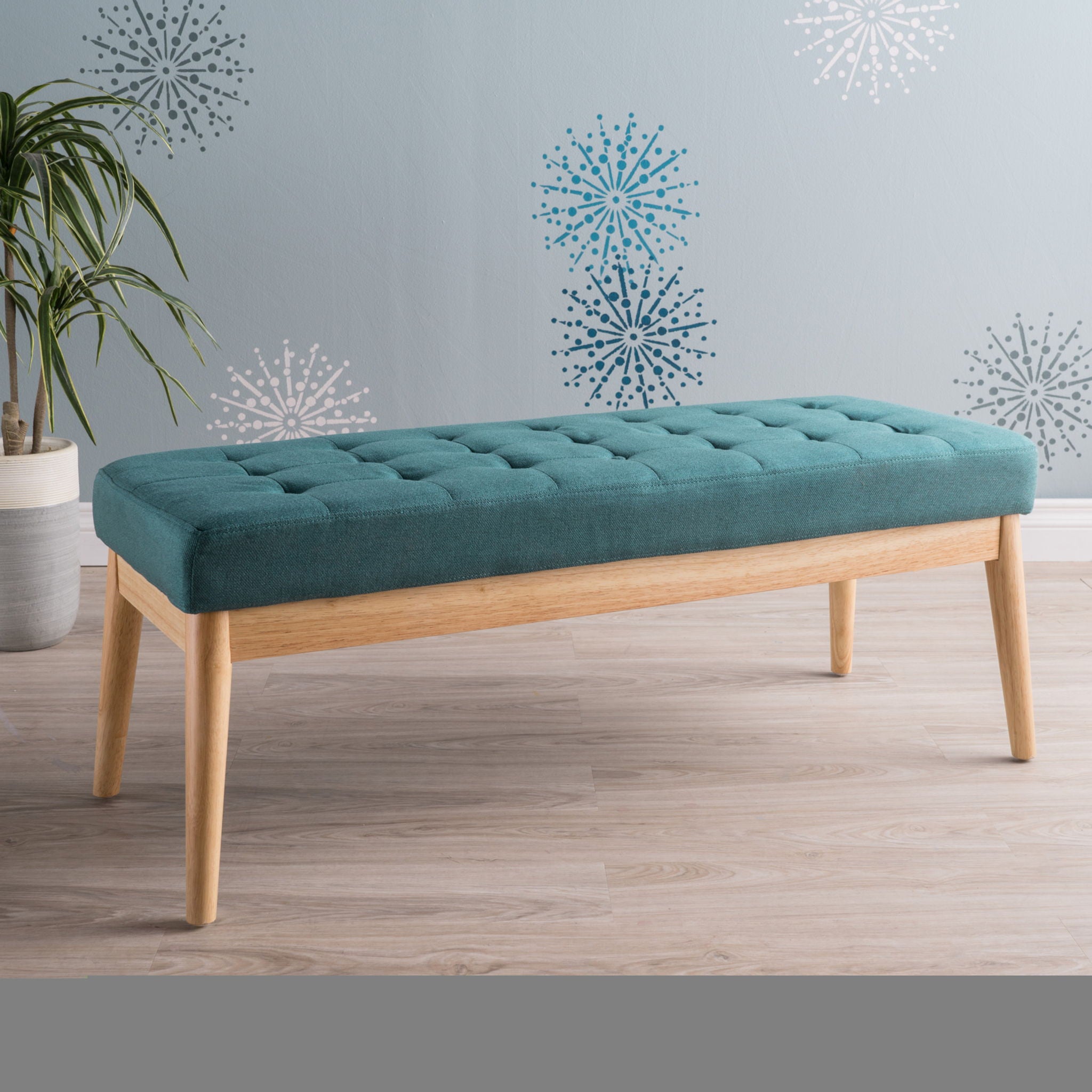 Vibratory - Button Tufted Upholstered Ottoman With Splayed Wooden Legs - Teal / Natural