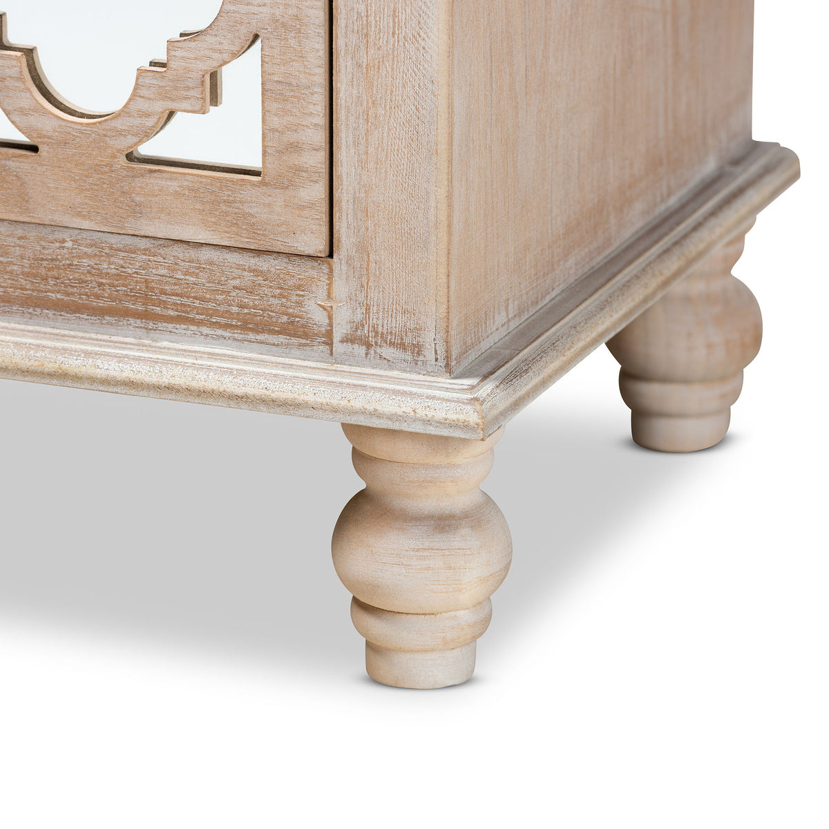 Celia Transitional Rustic French Country White-Washed Wood and Mirror 2-Drawer Quatrefoil End Table