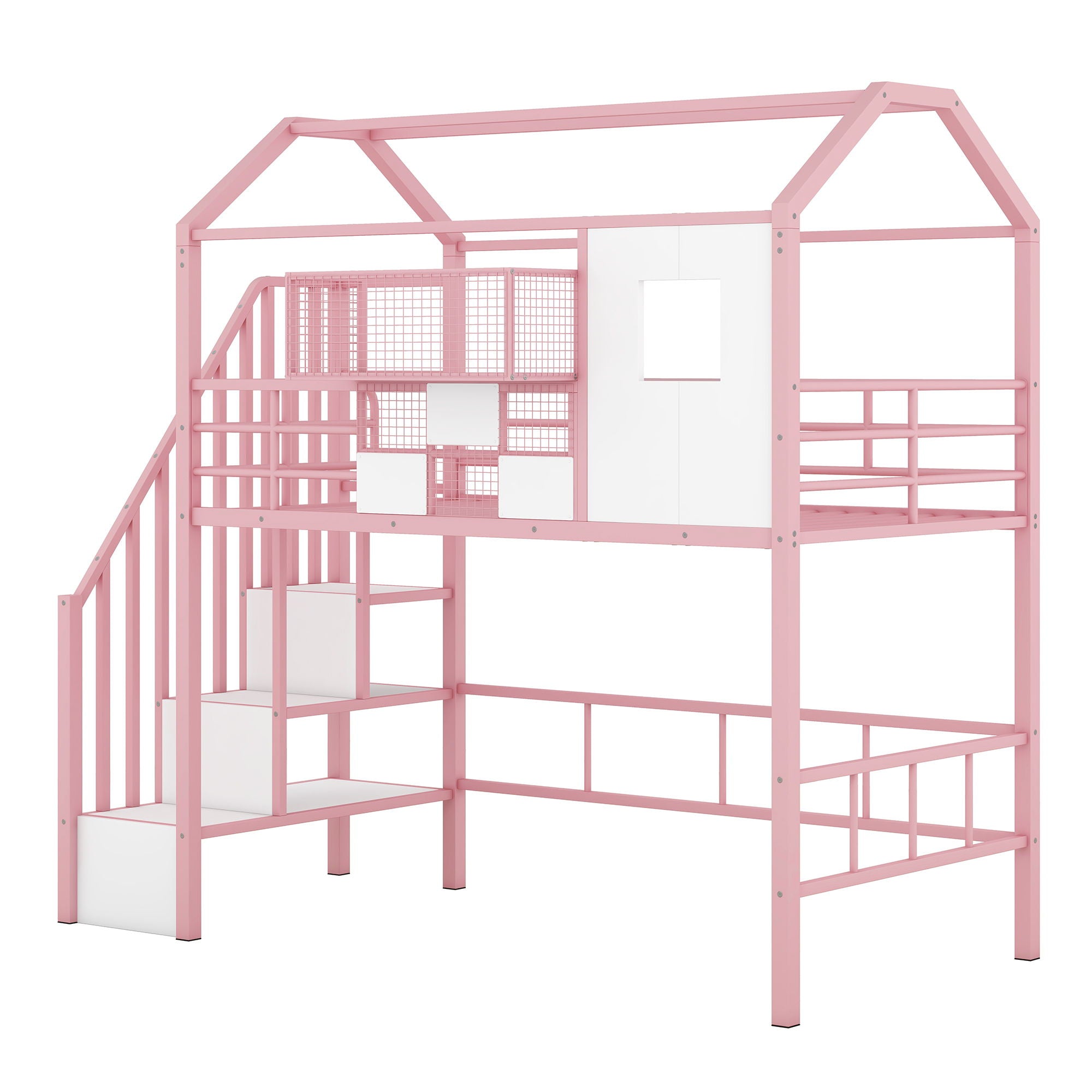 Metal Loft Bed With Roof Design And Storage Box With Guardrails And Integrated Ladder