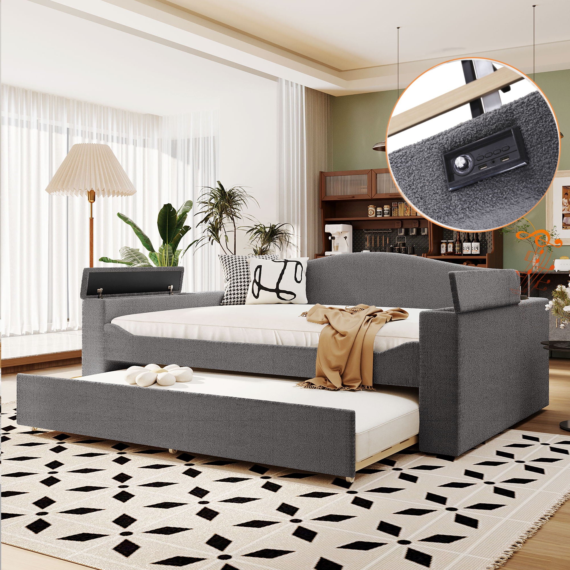 Upholstered Daybed With Storage Armrests, Trundle And Latest Integrated Bluetooth Audio System