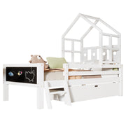 House Bed With Ladder And Storage Drawers Platform With Blackboard, No Box Spring