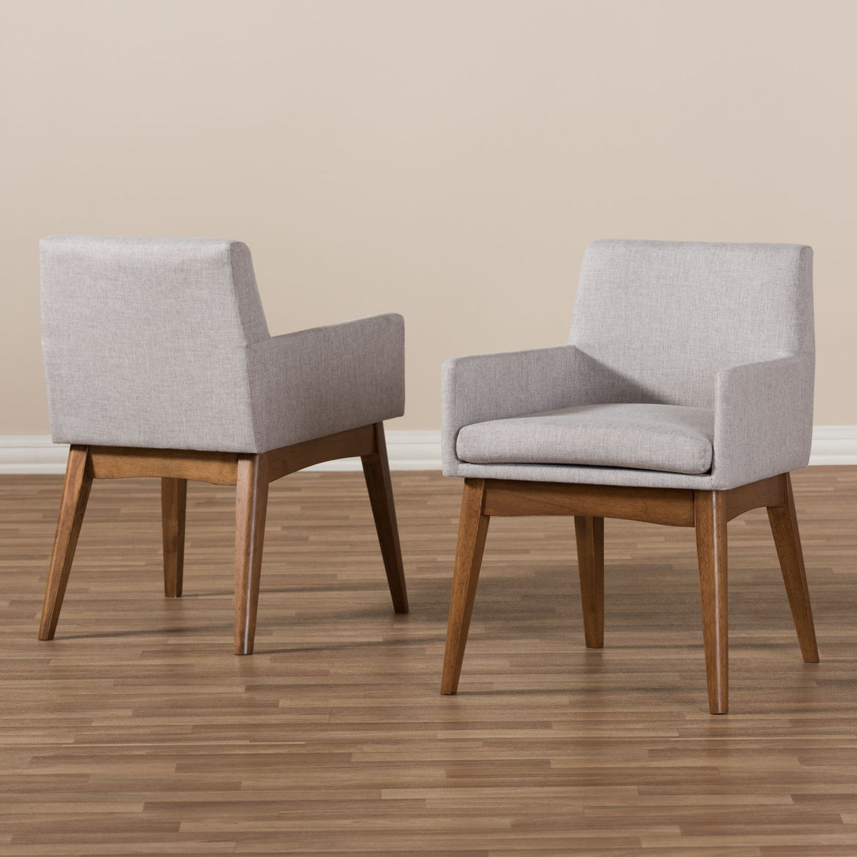 Nexus Mid-Century Modern Walnut Wood Finishing Greyish Beige Fabric Dining Armchair (Set of 2)