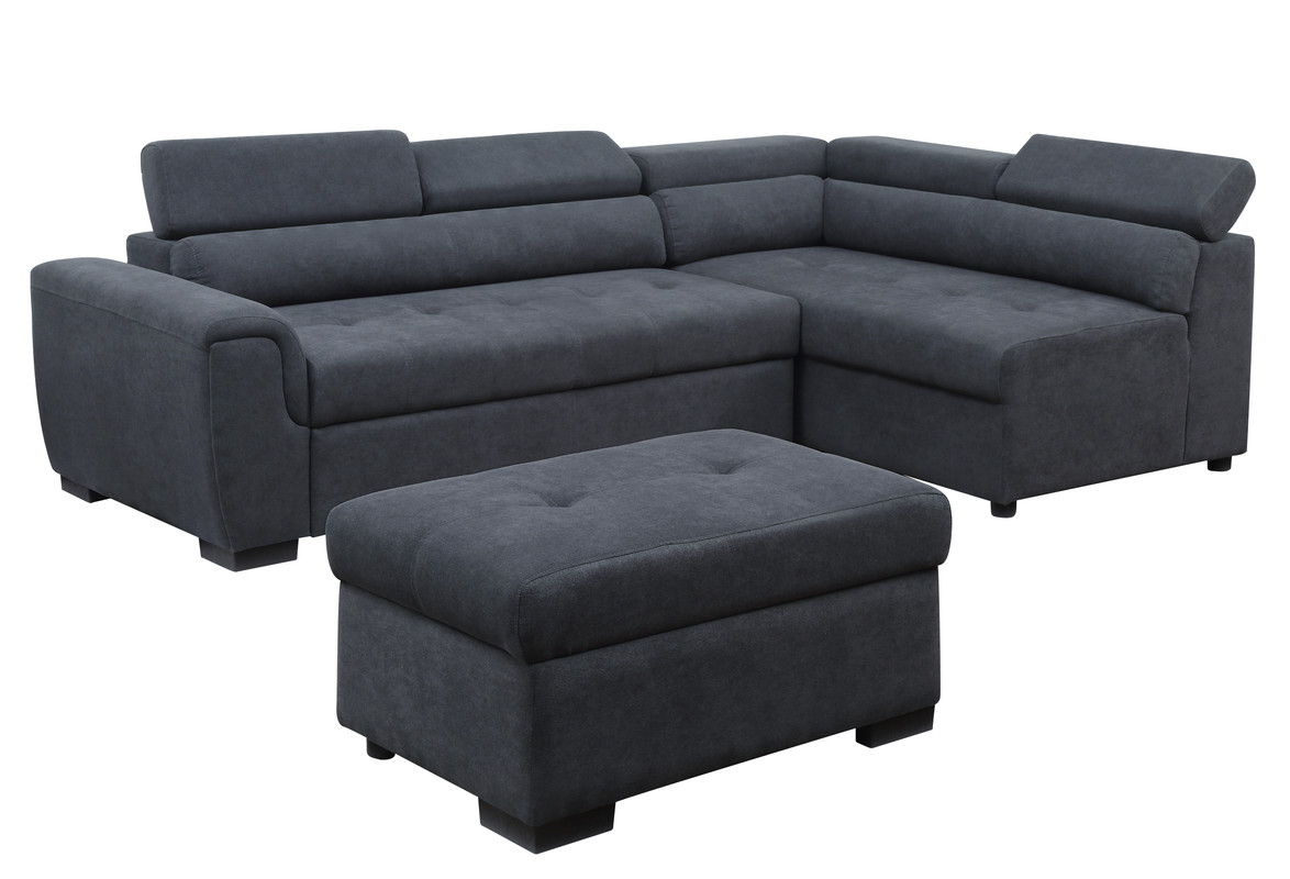 Haris 97"W Dark Gray Fabric Sleeper Sofa Sectional with Adjustable Headrest and Storage Ottoman