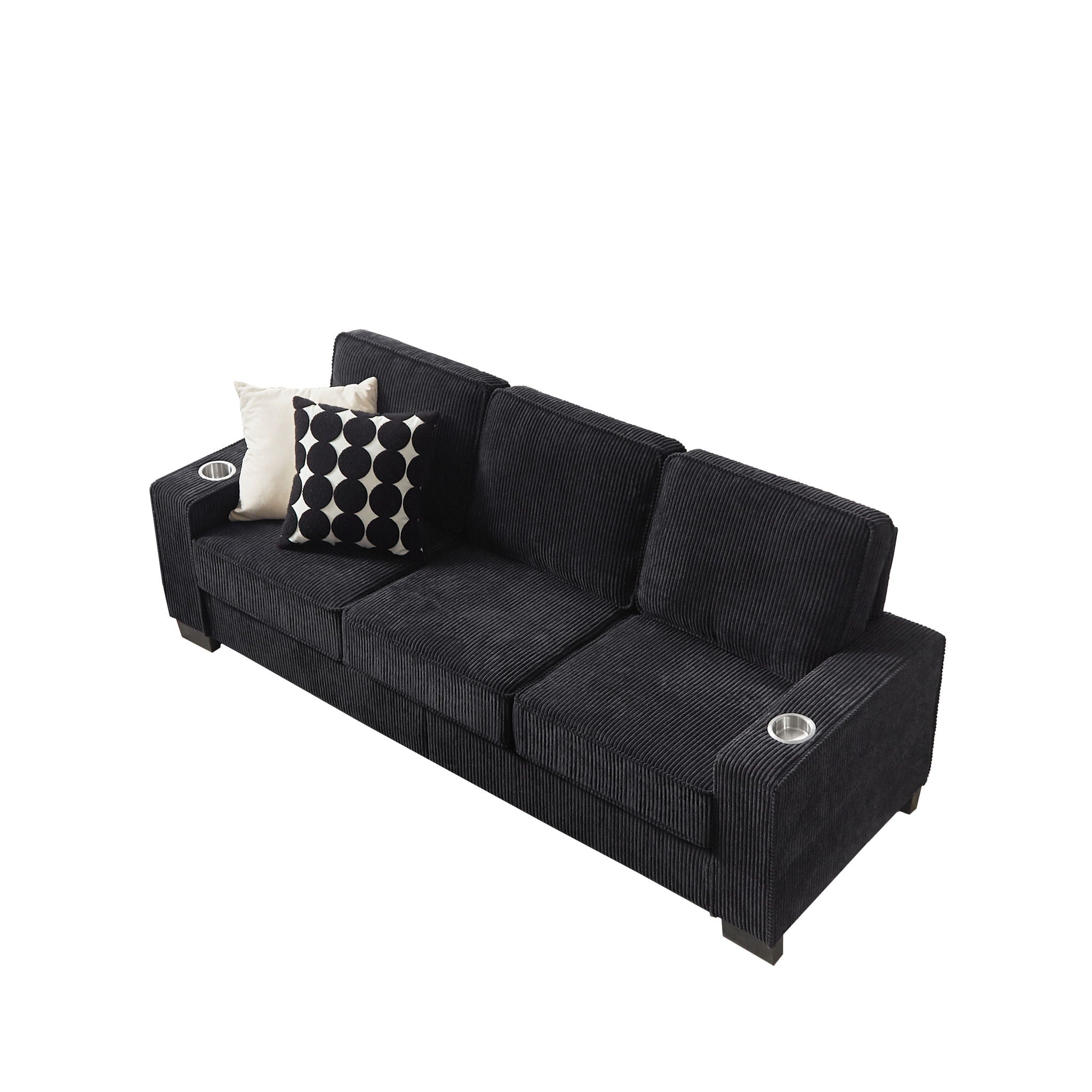 Modern Corduroy Fabric Sofa, 3 Seater Compressed Couch With Cup Holders