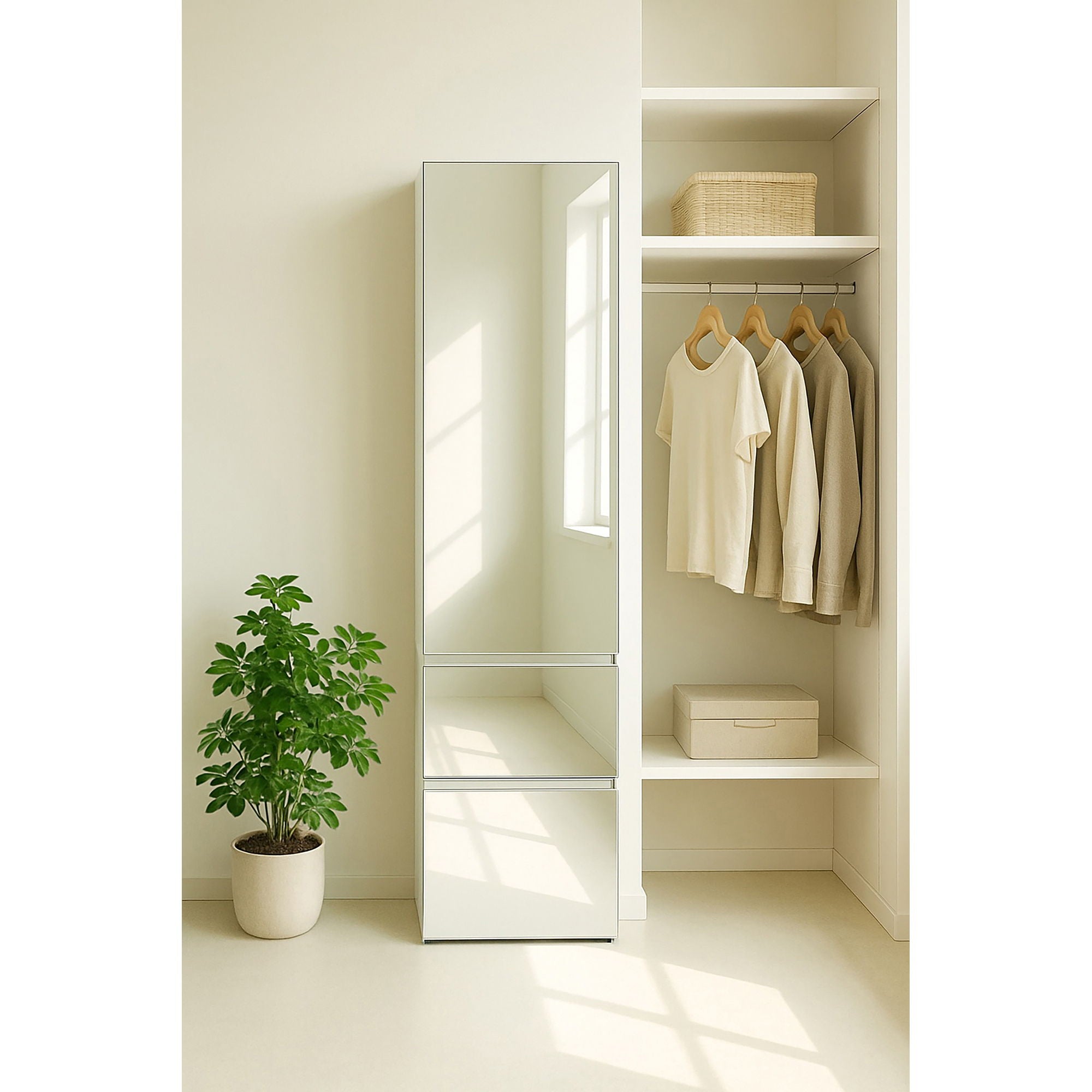 Elise - Slim Modular Wood Closet Cabinet With Mirror In Durable Melamine Construction - White